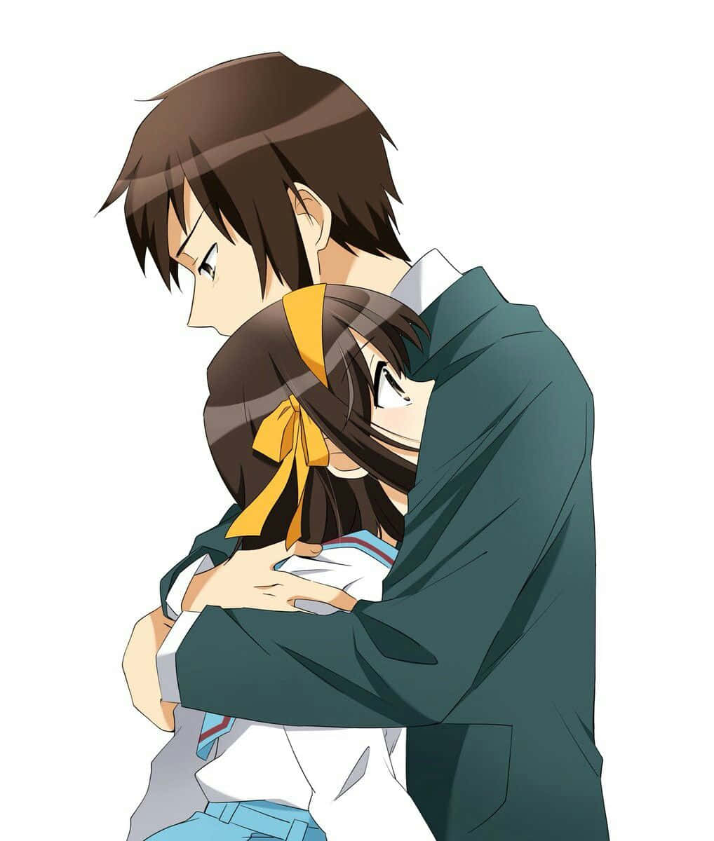 Kyon 桌布 壁紙 — 一個動漫風格的男孩在純白背景前輕輕擁抱一個穿著校服的女孩。