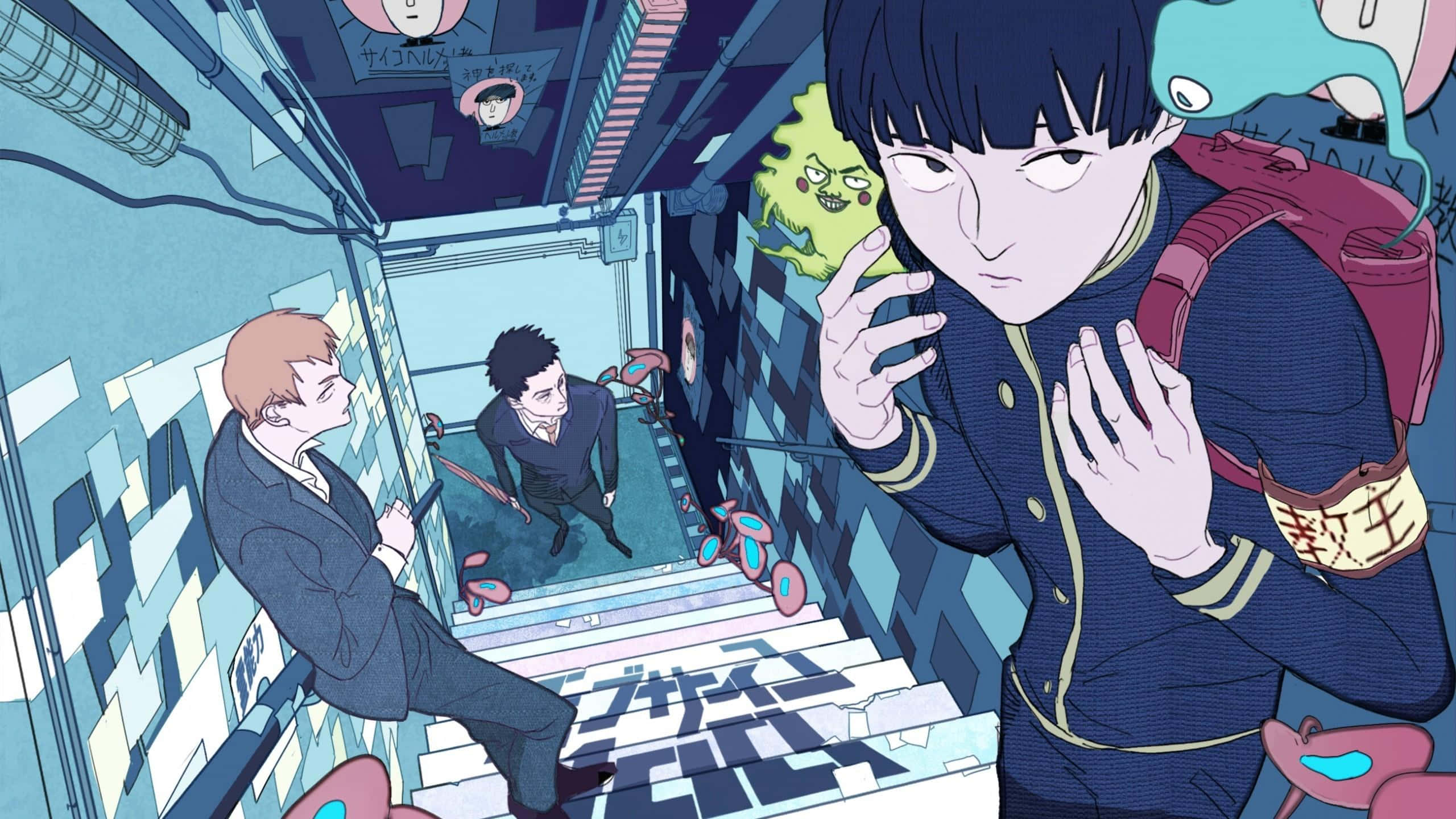 Arataka Reigen 桌布 壁紙 — 一個動漫風格的男學生穿著校服，站在一個超現實、帶有故障效果的走廊中，附近有漂浮的卡通臉孔和其他學生。