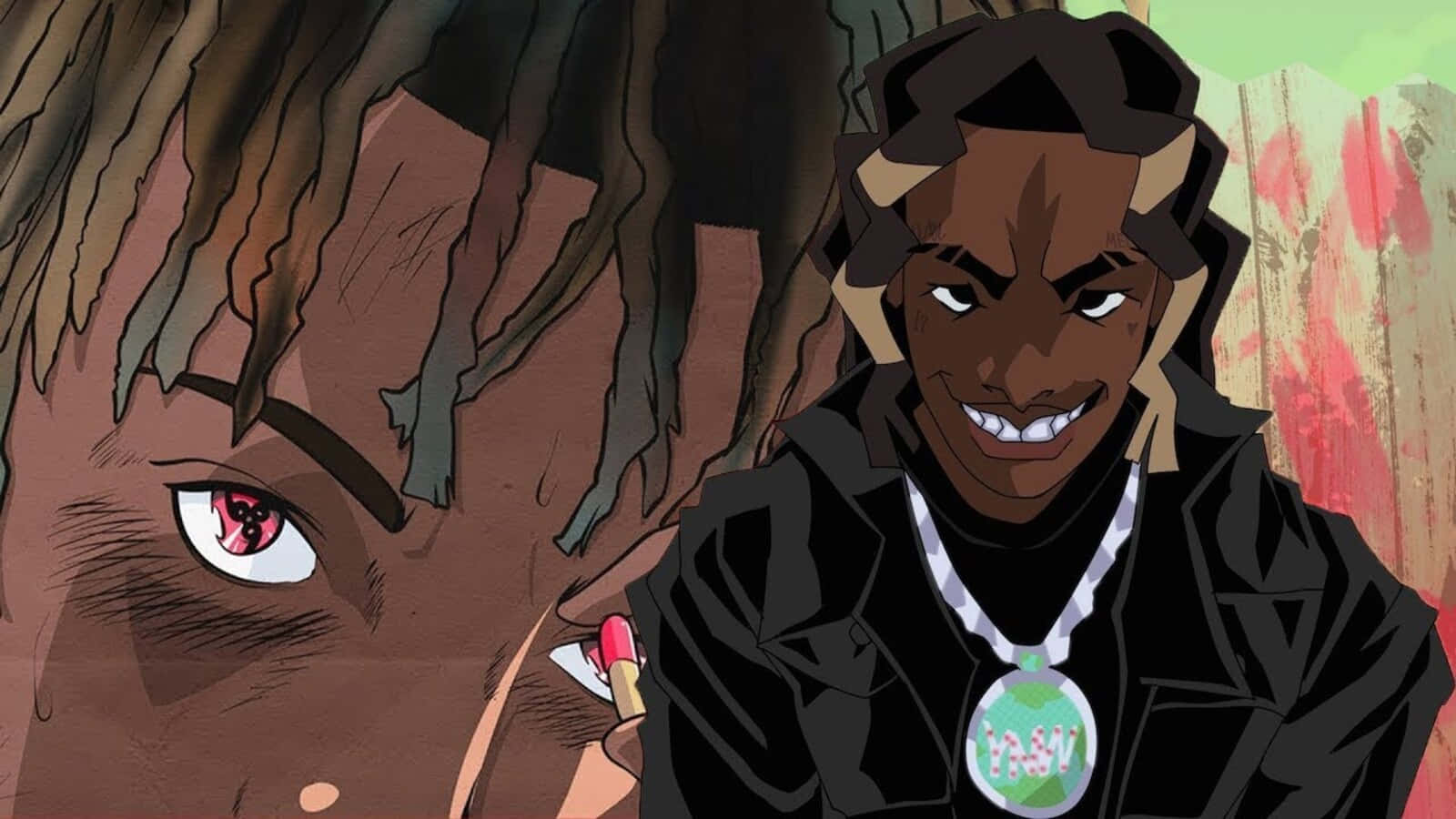 Ynw Melly Cartoon 桌布 壁紙 — 一個動漫風格的肖像，一個微笑的男人，有辮子與發光吊墜，背景是塗鴉牆。