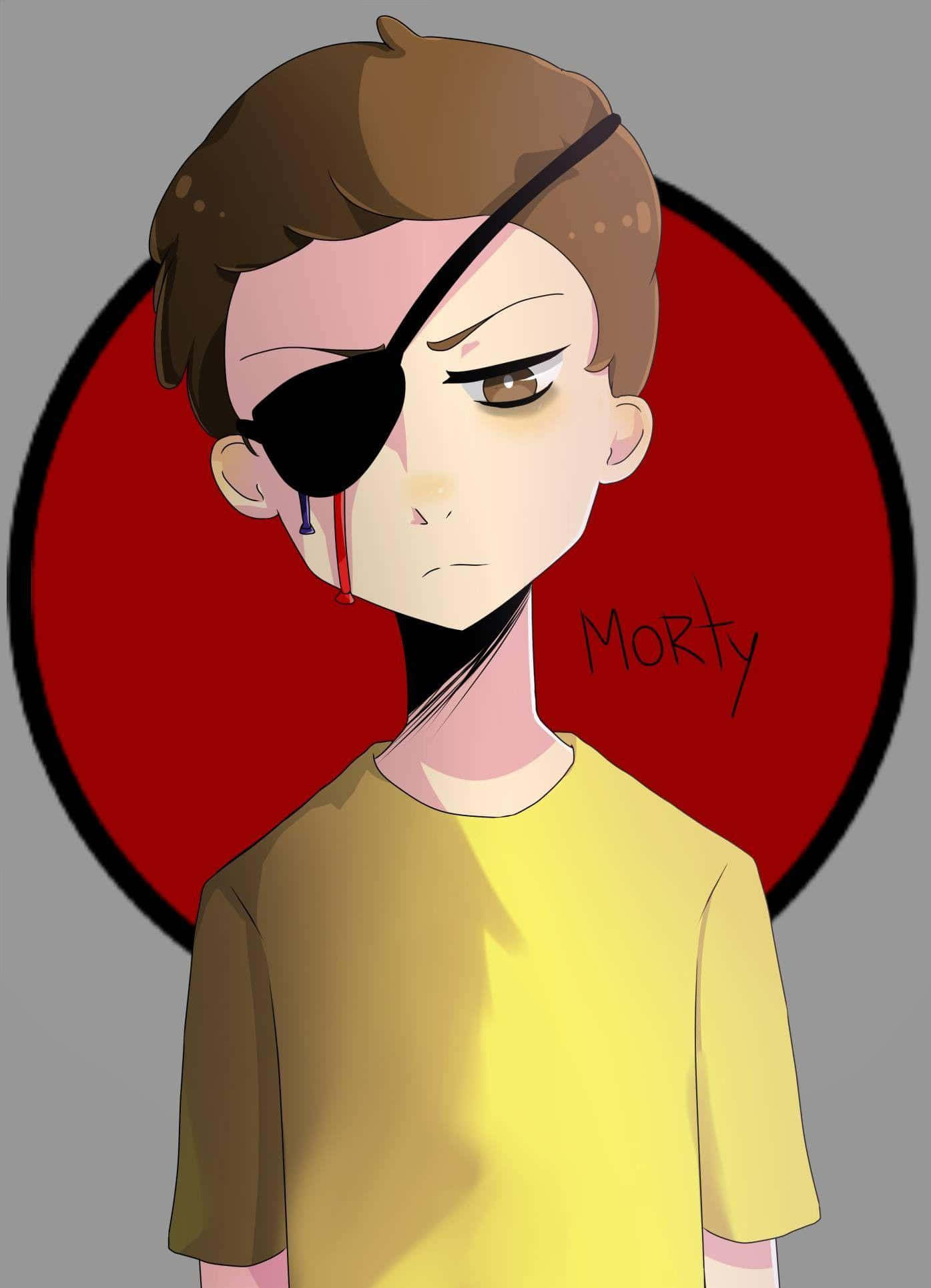 Evil Morty 桌布 壁紙 — 一個動漫風格的角色，戴著黑色眼罩，眼睛滴著血，在紅色圓形背景前莊嚴地凝視。