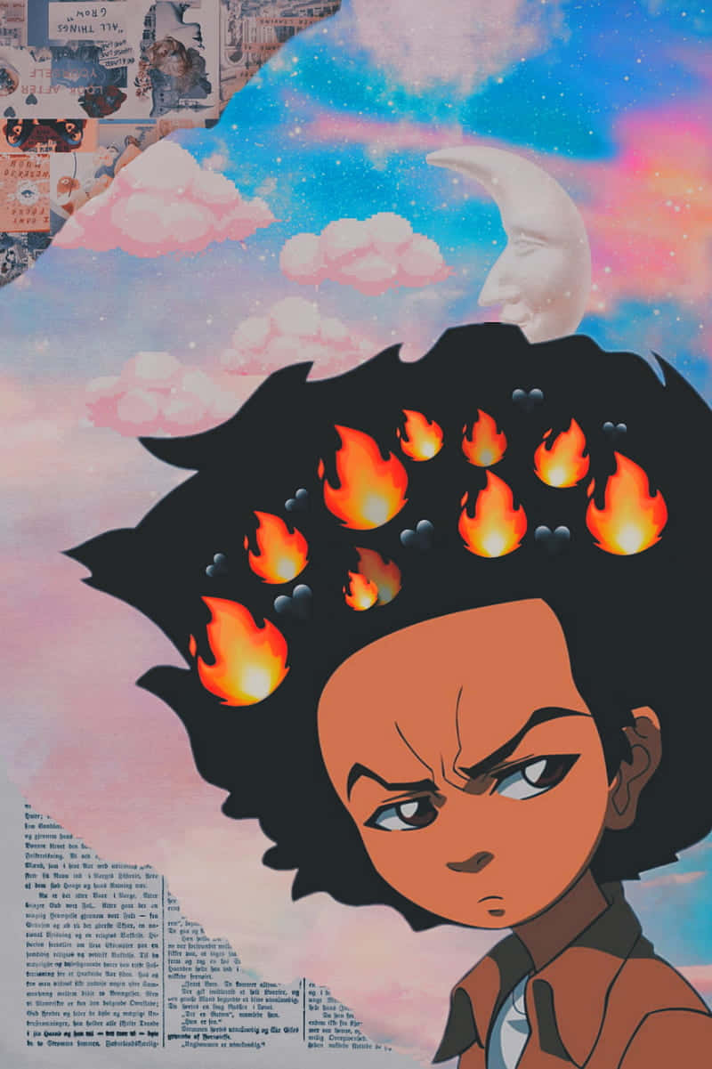 Aesthetic Anime Pfp 桌布 壁紙 — 一個動漫風格的角色，擁有火焰般的頭髮和嚴肅的表情，背景是夢幻的天空，有月亮和雲朵。