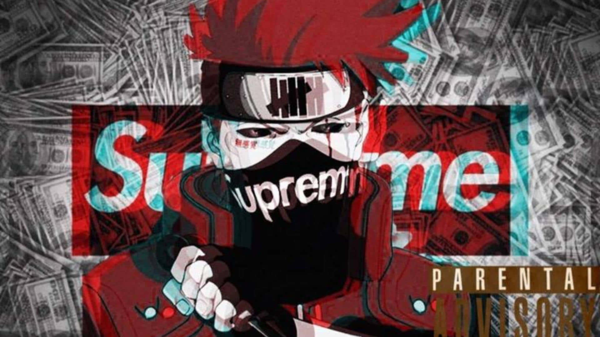 supreme 桌布 壁紙 — 一個動漫風格的角色，紅髮戴面具，手持槍枝，背景是散落的美元鈔票和一個巨大的Supreme標誌。