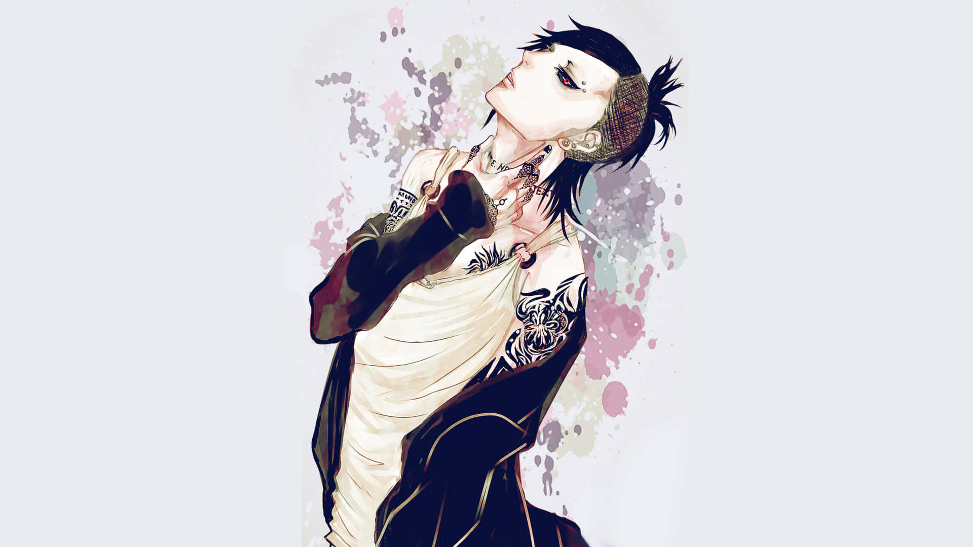 Tokyo Ghoul Uta 桌布 壁紙 — 一個動漫風格的角色，身上有刺青和頭巾，在色彩繽紛的粉彩背景上向上凝視。