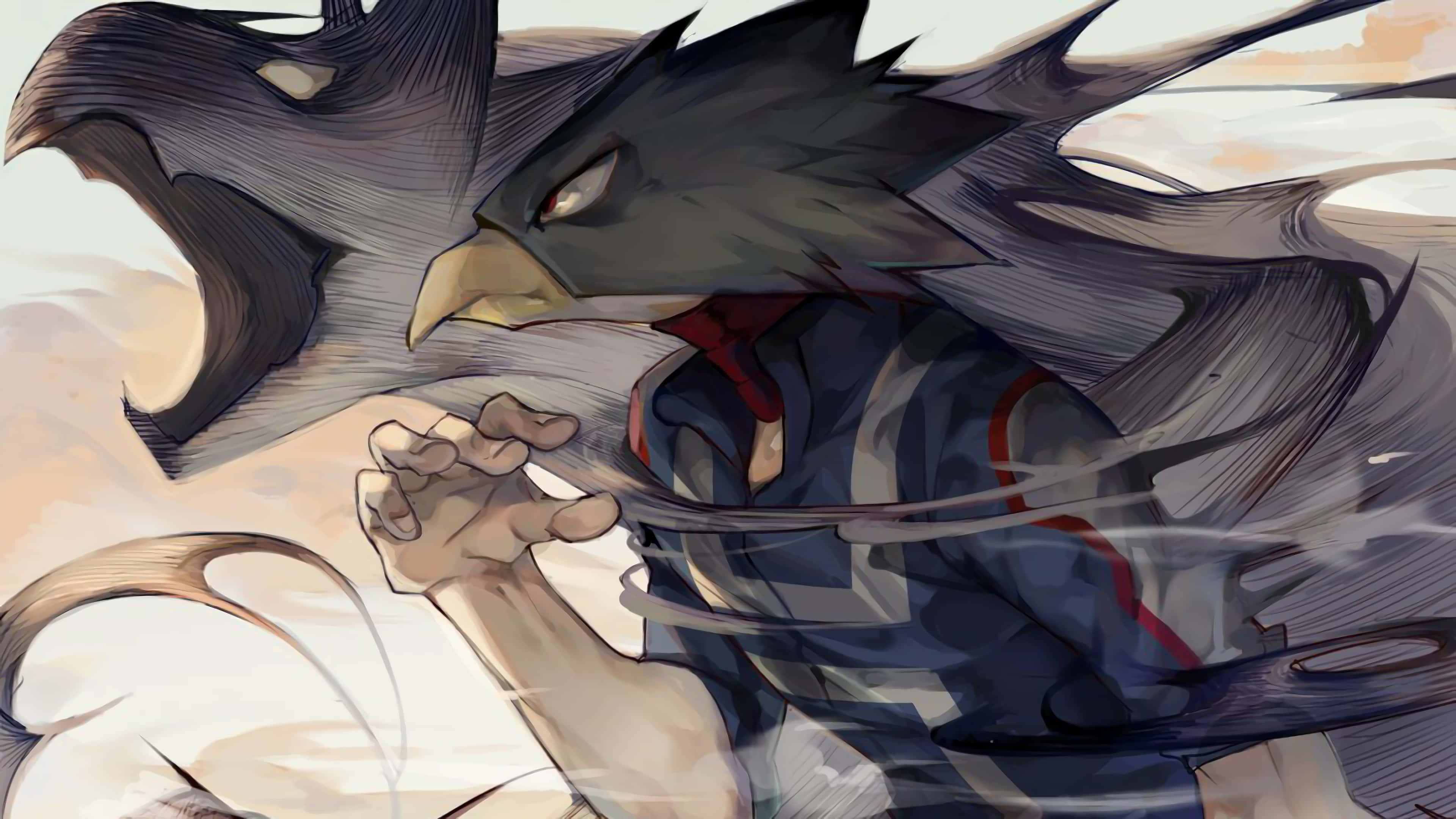 Fumikage Tokoyami 桌布 壁紙 — 一個動漫風格的鷹頭戰士穿著藍色制服，在模糊的動態背景前，以強烈的專注力向前衝刺。
