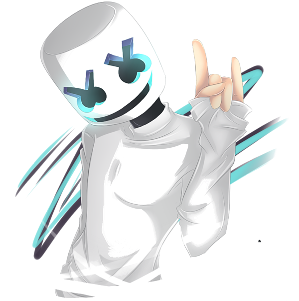 Marshmello 動態圖 桌布 壁紙 — 一個動漫風格角色，戴著白色棉花糖頭盔，發出藍色光芒的眼睛，並做出和平手勢。