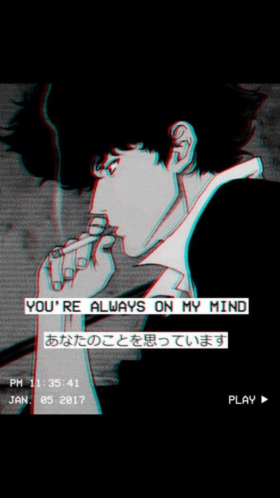 Cowboy Bebop Aesthetic 桌布 壁紙 — 一個動漫風格角色在深色紋理背景上吸煙，帶有故障效果的紅色和青色輪廓。