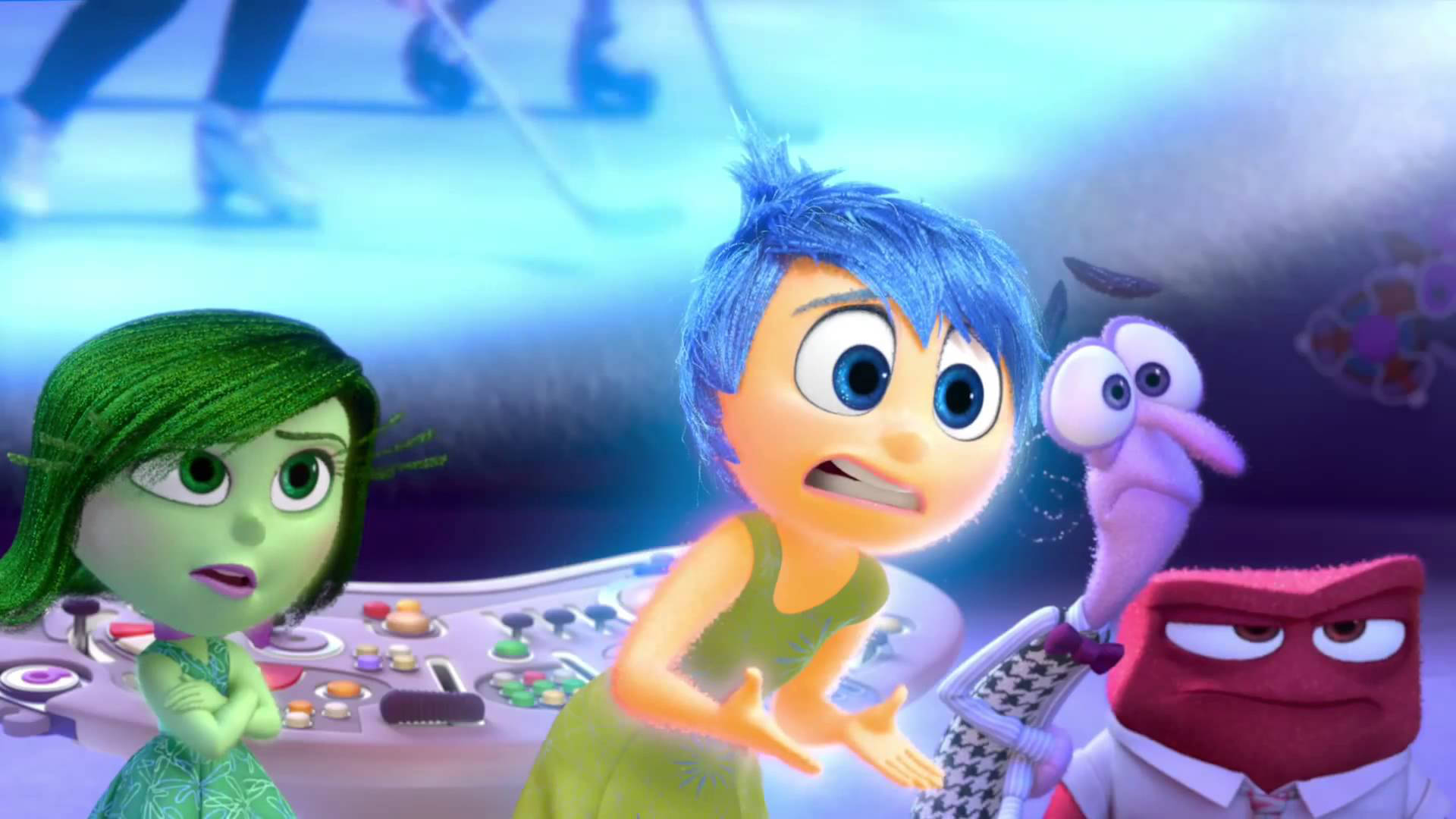 Joy Inside Out 桌布 壁紙 — 一個動畫場景，四個色彩繽紛的情緒角色在一個有發光按鈕的控制室中緊急反應。