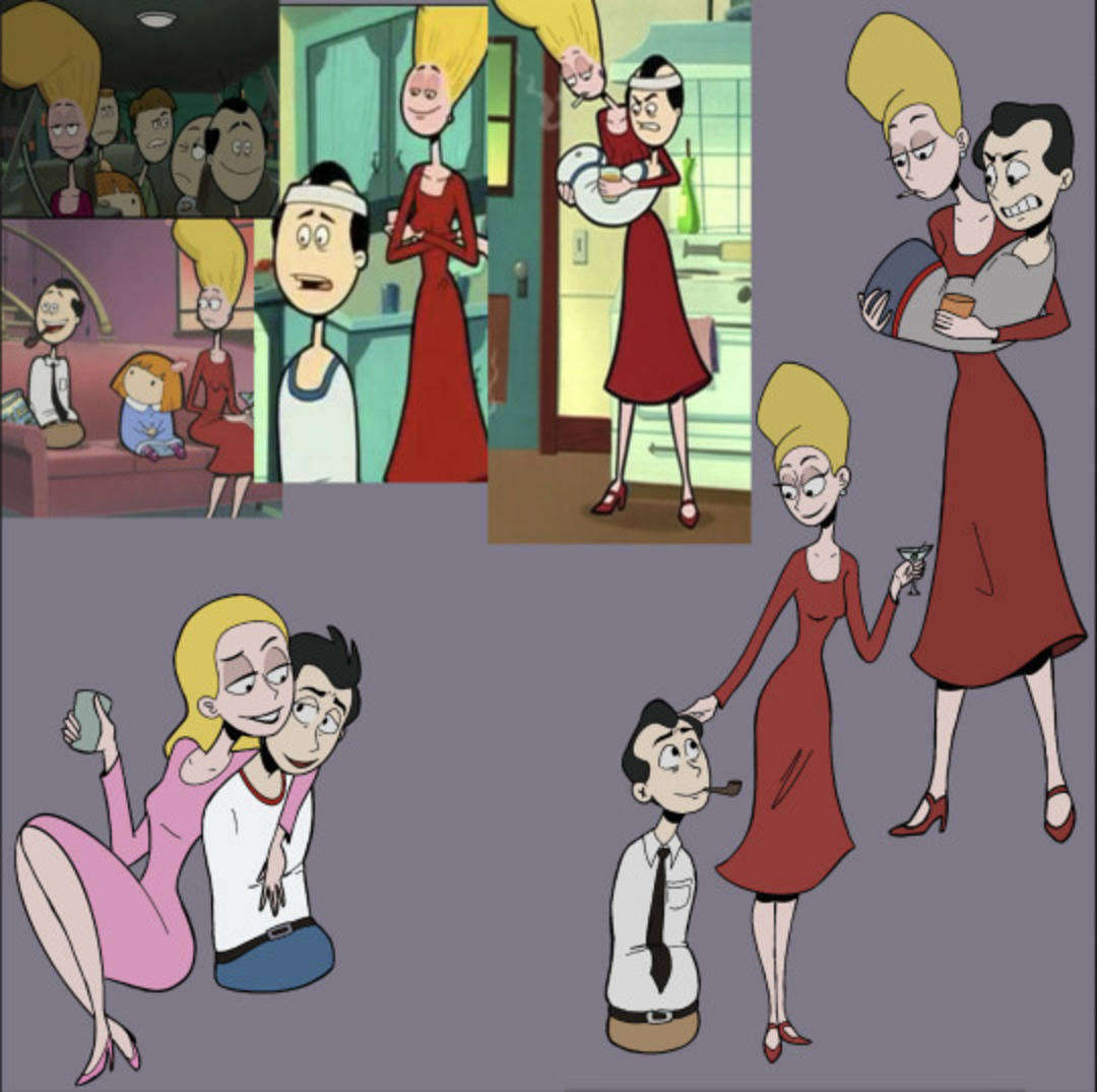 Animated 桌布 壁紙 — 一個動畫場景拼貼，展示一位金髮紅裙女子與一名男子在各種家庭和戲劇性情境中的互動。