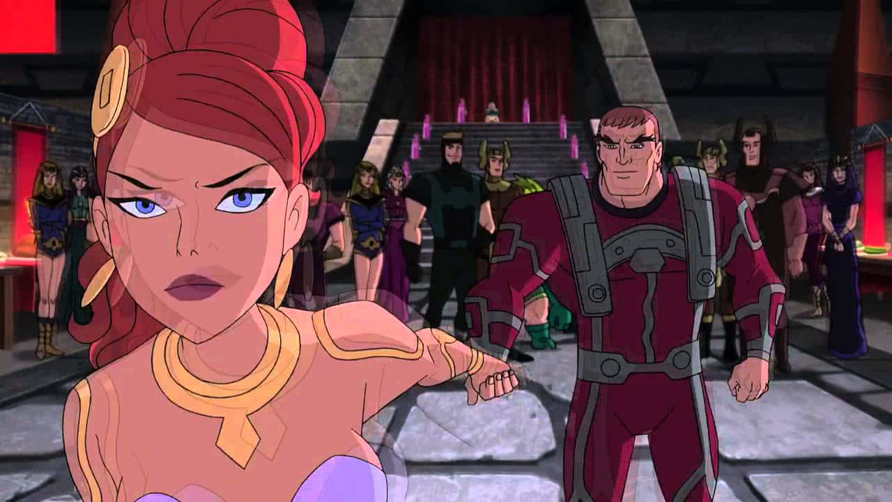 Justice League Gods And Monsters 桌布 壁紙 — 一個動畫場景顯示一位紅髮女子戴著金飾，和一位身穿紅色盔甲的男子挑釁地站在石廳中，背景有其他人物。