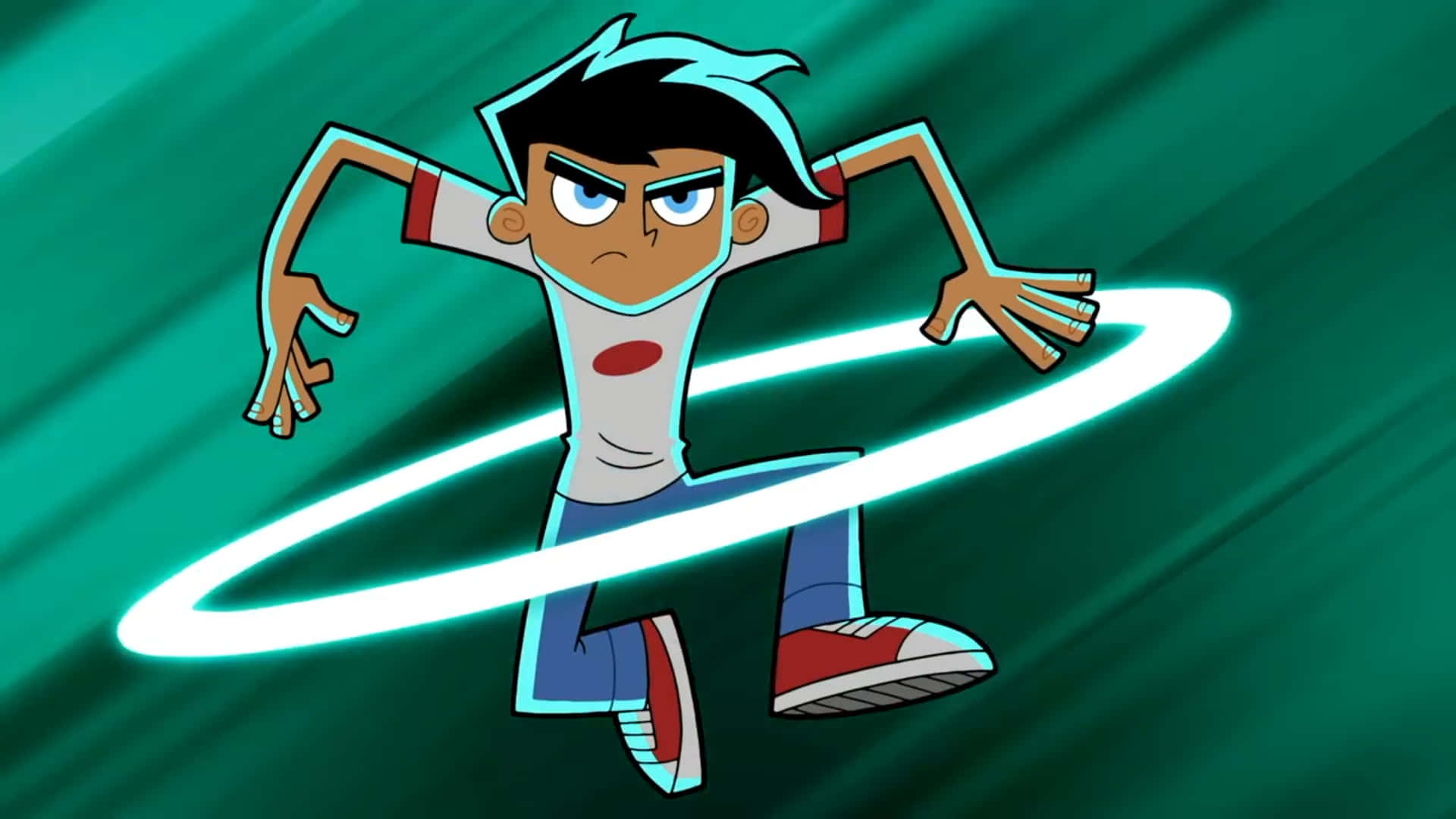 Danny Phantom 桌布 壁紙 — 一個動畫少年超級英雄，身穿白色襯衫和藍色褲子，在青綠色背景上動態跳躍，發光的白色能量環在他周圍旋轉。