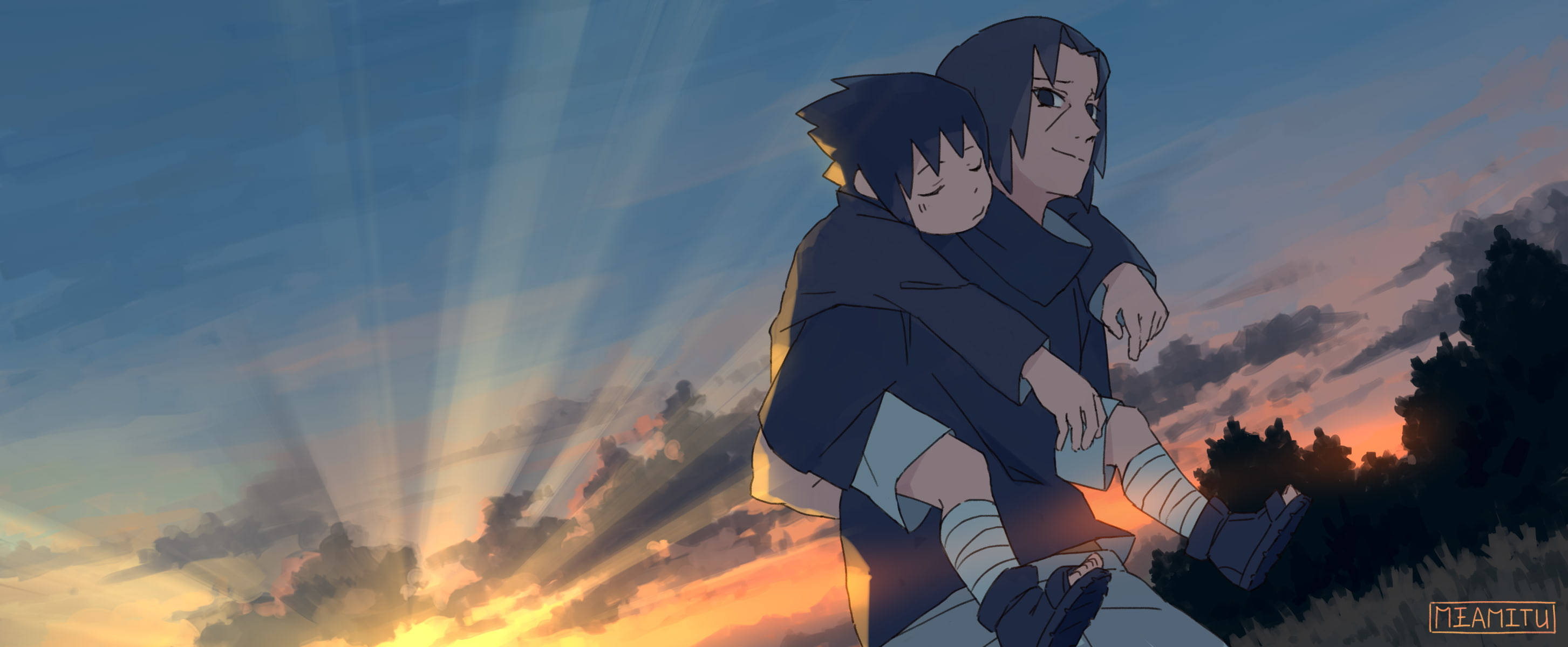 Itachi Cool 桌布 壁紙 — 一個動畫男孩抱著一個睡著的孩子，背景是充滿活力的日落天空，有耀眼的光芒穿過雲層。