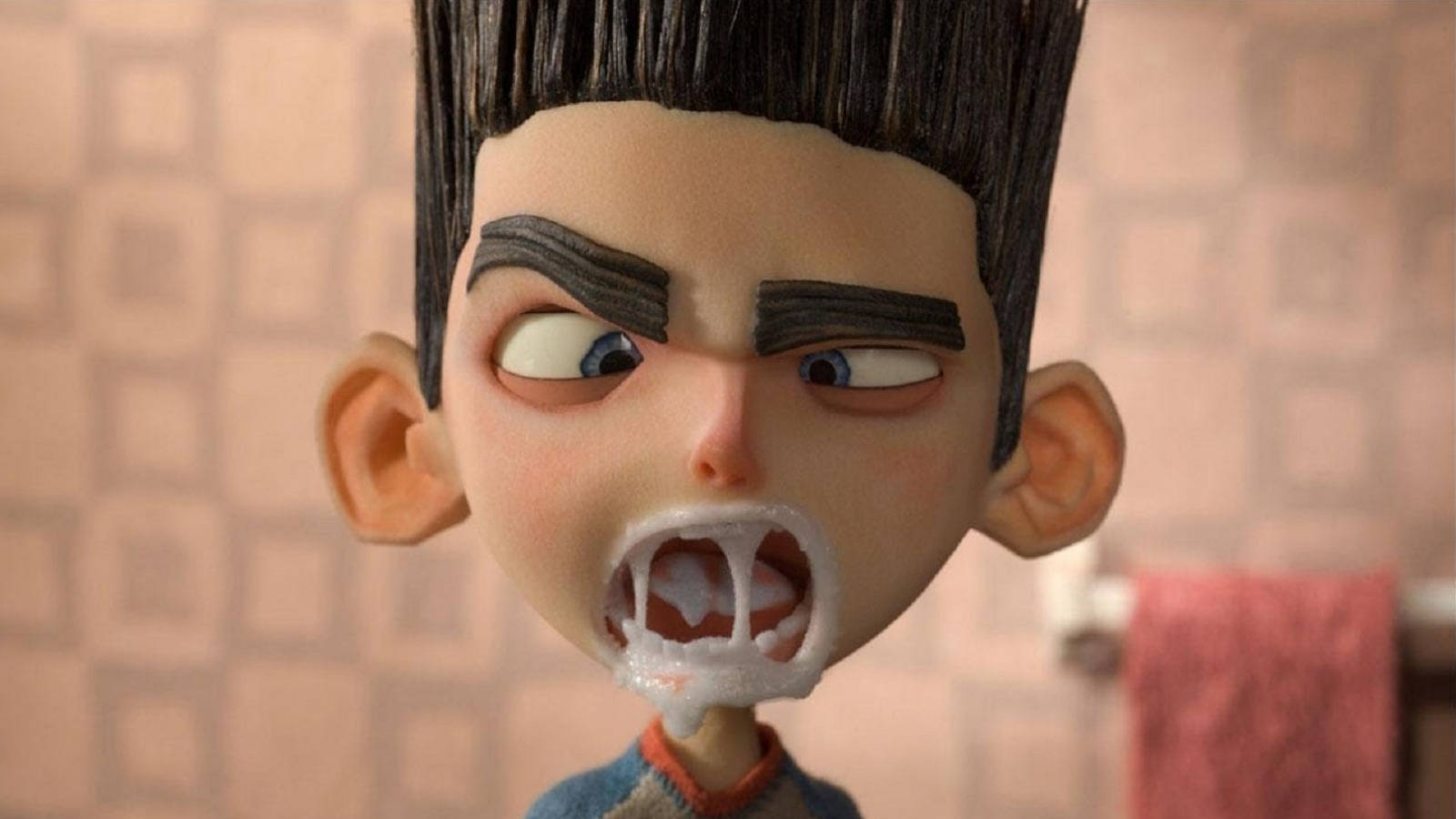 Animated 桌布 壁紙 — 一個動畫男孩的近距離特寫，頭髮豎起，表情憤怒，正在吐出牙膏泡沫。