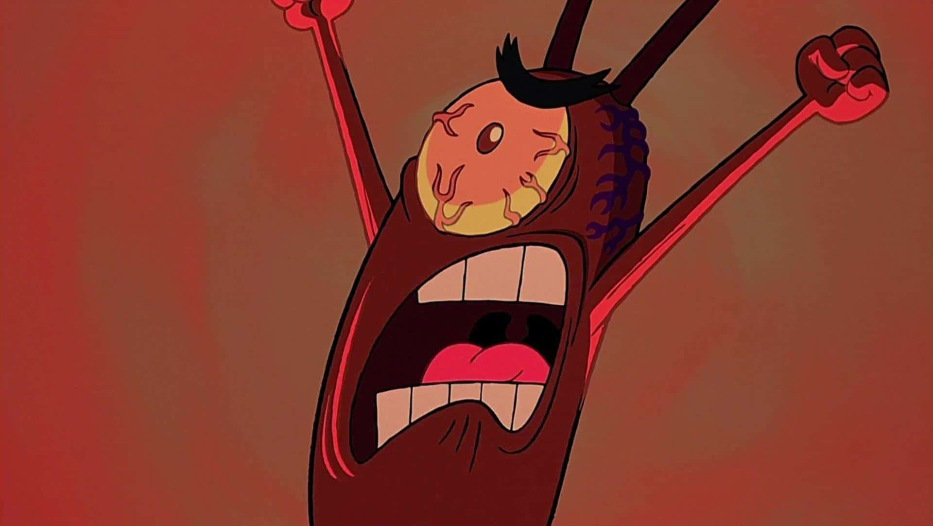 plankton 桌布 壁紙 — 一個動畫角色，在紅色背景前尖叫並舉起拳頭。
