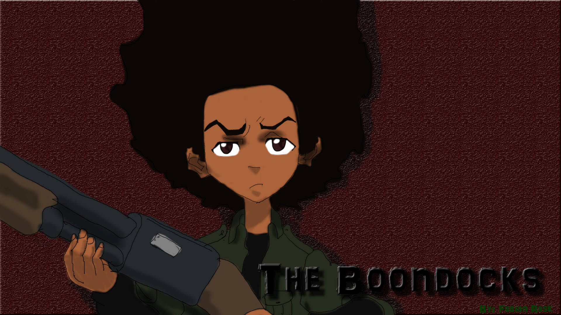 Boondocks 桌布 壁紙 — 一個動畫角色留著爆炸頭，手持獵槍，背景是帶紋理的栗色背景，標題為「The Boondocks」。