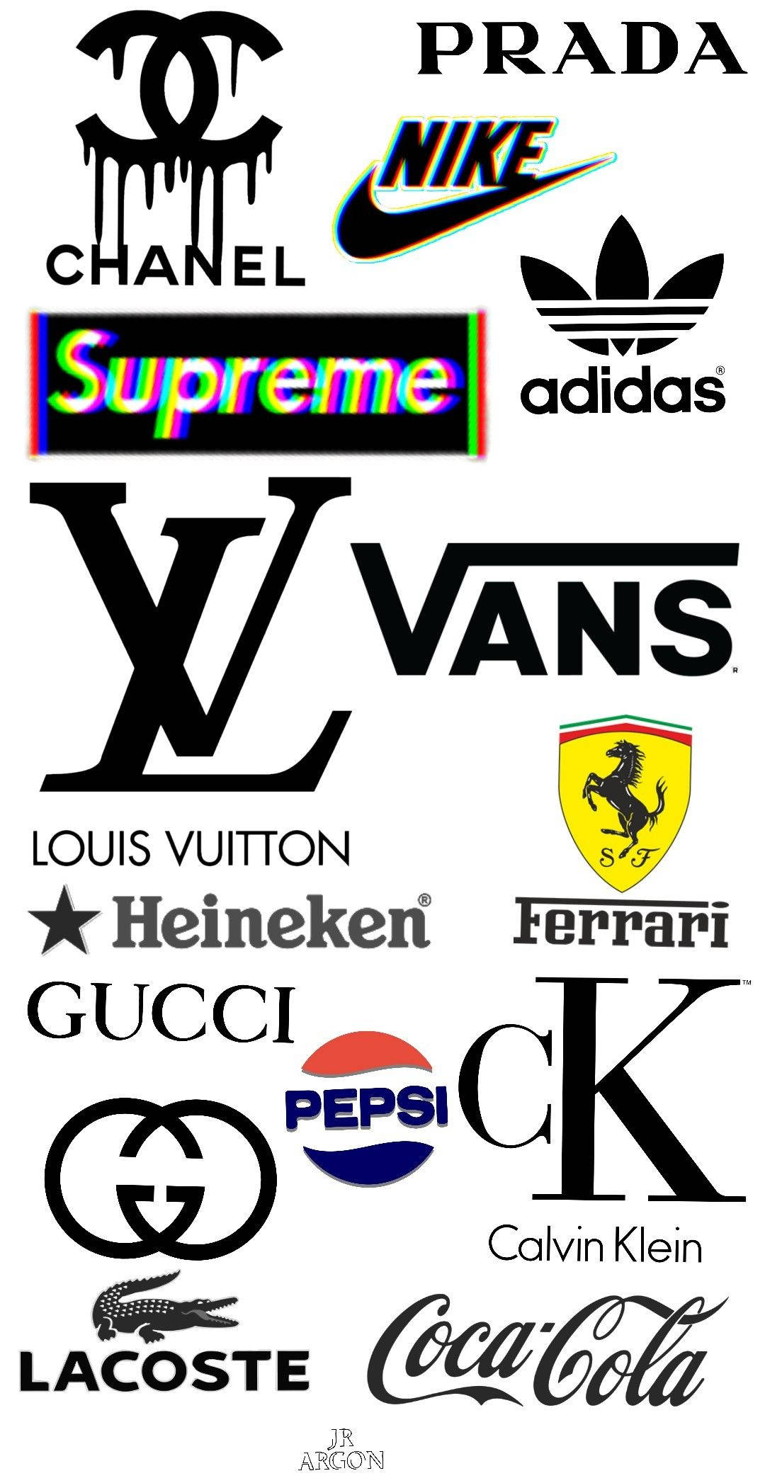 標誌 桌布 壁紙 — 一個包含 Chanel、Nike、Supreme 和 Ferrari 等標誌性品牌標誌的拼貼畫，以大膽對比的風格展示。