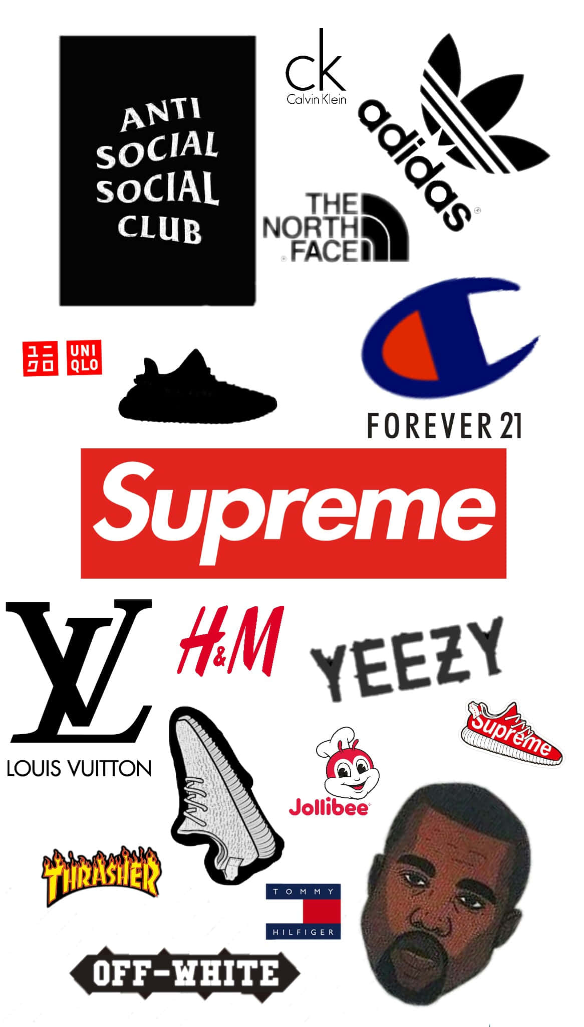 supreme 桌布 壁紙 — 一個包含 Supreme、Adidas 和 Kanye West 等標誌性時尚和運動鞋品牌標誌的拼貼畫，背景為白色。