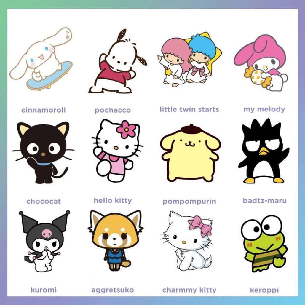 可愛 桌布 壁紙 — 一個包含十二個Sanrio角色（包括Hello Kitty和My Melody）的網格，以可愛卡通風格呈現，每個角色下方都有名字。