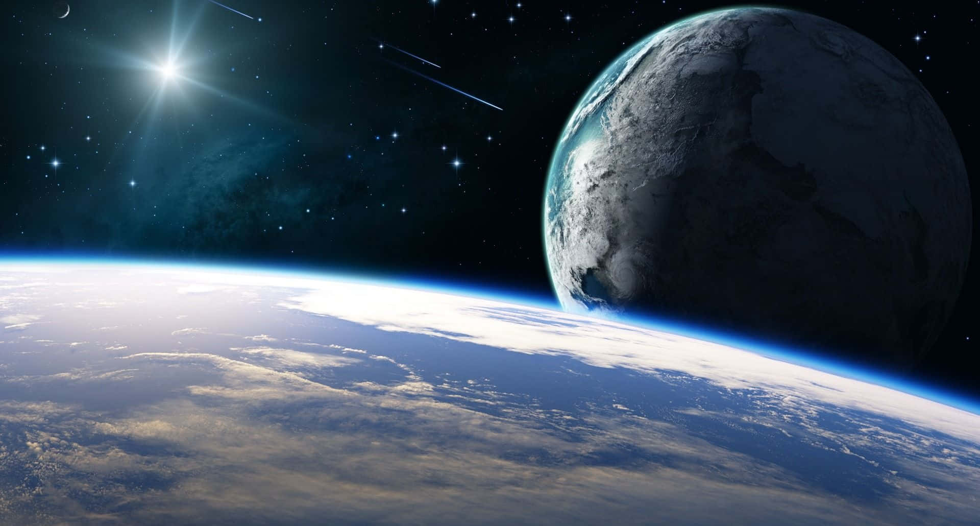 一個包含地球與星辰的太空場景 壁紙
