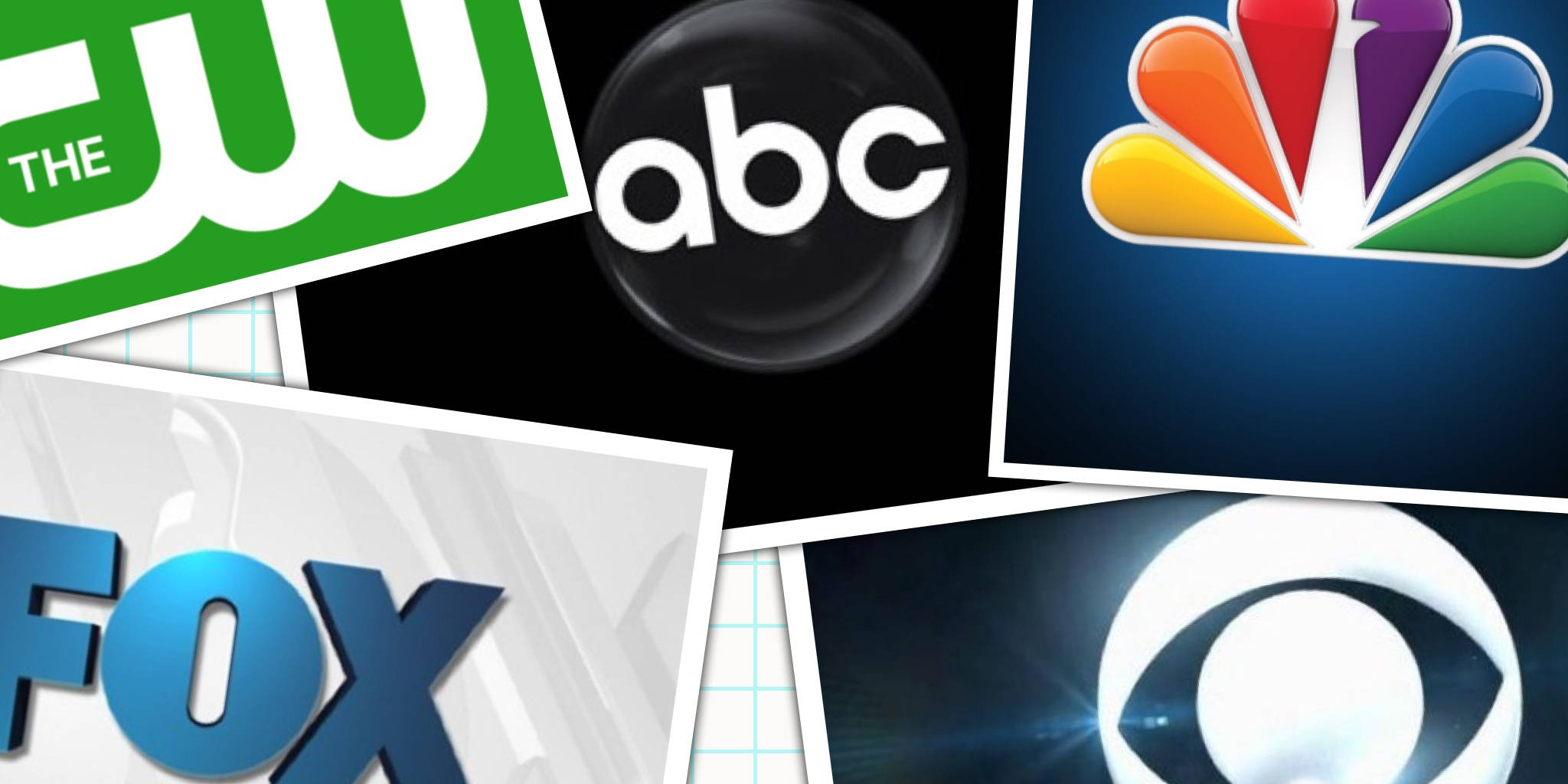 abc 桌布 壁紙 — 一個包含美國主要電視網絡標誌（包括CW、ABC、NBC、FOX和CBS）的拼貼畫，以重疊照片風格排列。