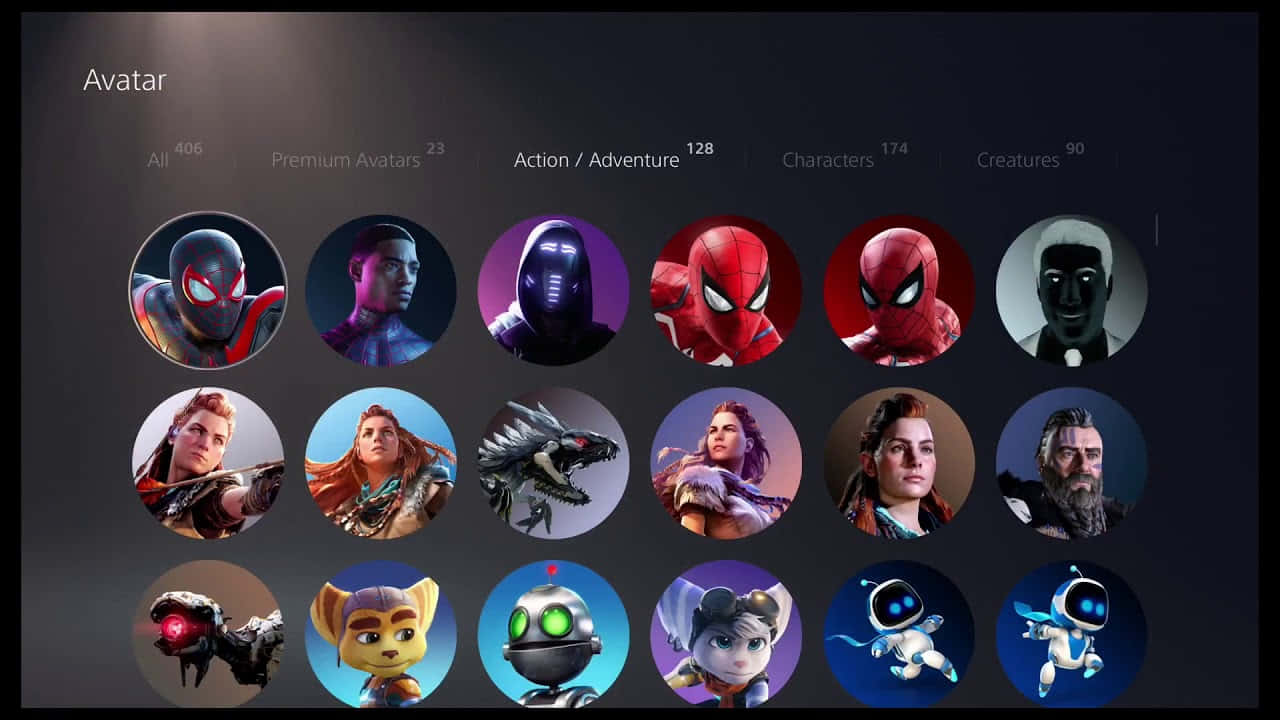 Playstation Profile 桌布 壁紙 — 一個包含超級英雄和奇幻角色等多種數位頭像的網格，顯示在深色介面上。