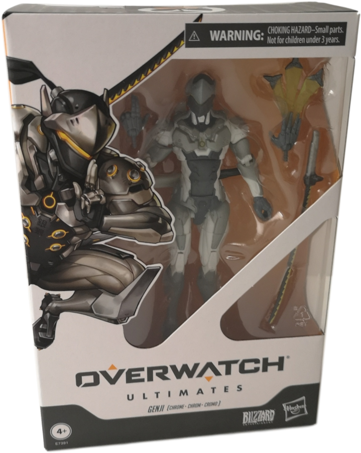 源氏 桌布 壁紙 — 一個包裝好的Overwatch Genji可動人偶，以動態姿勢展示，劍和配件透過透明塑膠可見。