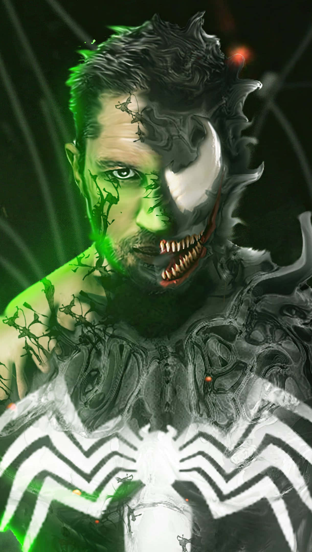 Tom Hardy Venom 桌布 壁紙 — 一個半人半猛毒的男人分裂面孔肖像，帶有發光綠色靜脈和黑色共生體套裝，背景是黑暗。