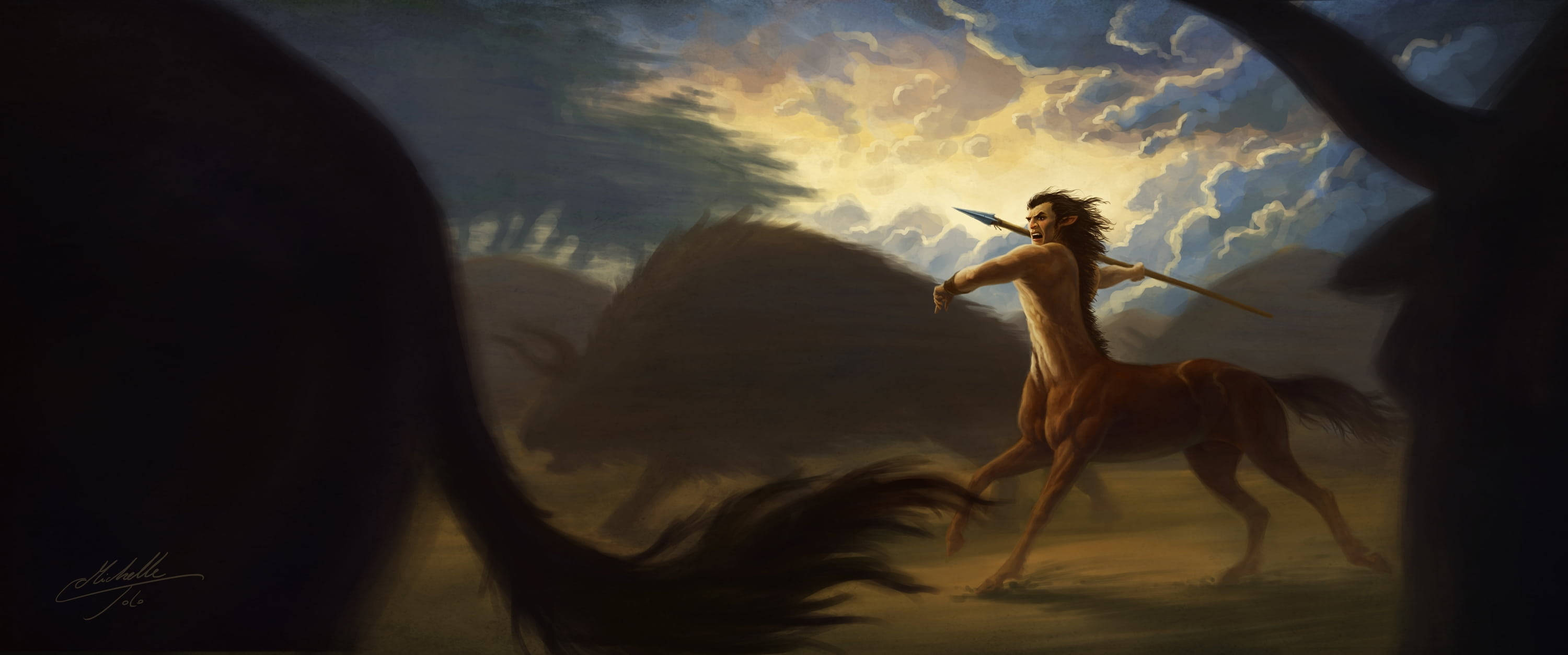 Mythical 桌布 壁紙 — 一個半人馬戰士手持長矛，在由黑暗剪影框住的戲劇性日落天空中向前衝刺。