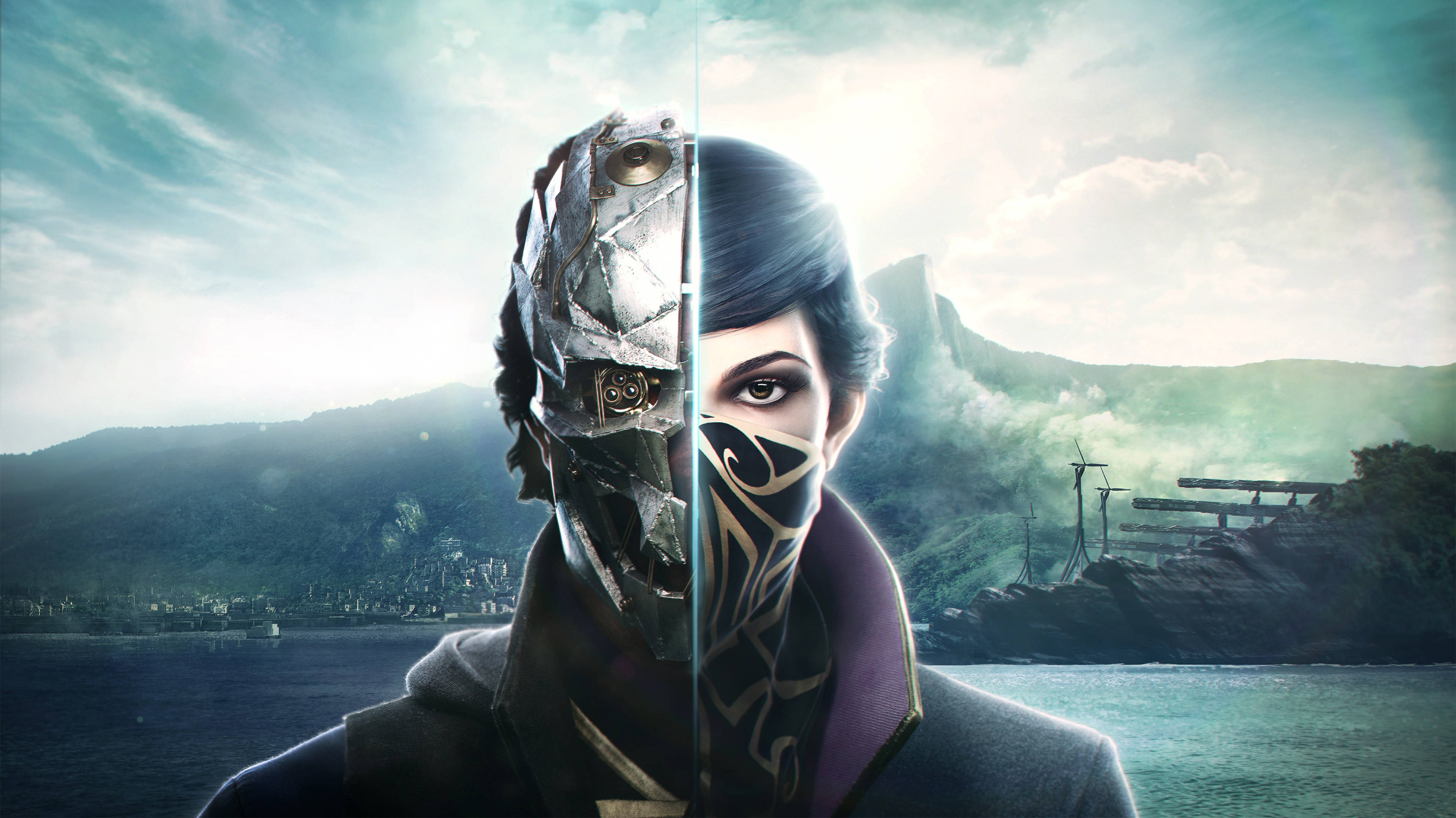 Dishonored 2 桌布 壁紙 — 一個半機械半人類特徵的分裂面孔角色站在霧氣瀰漫的海岸景觀前。