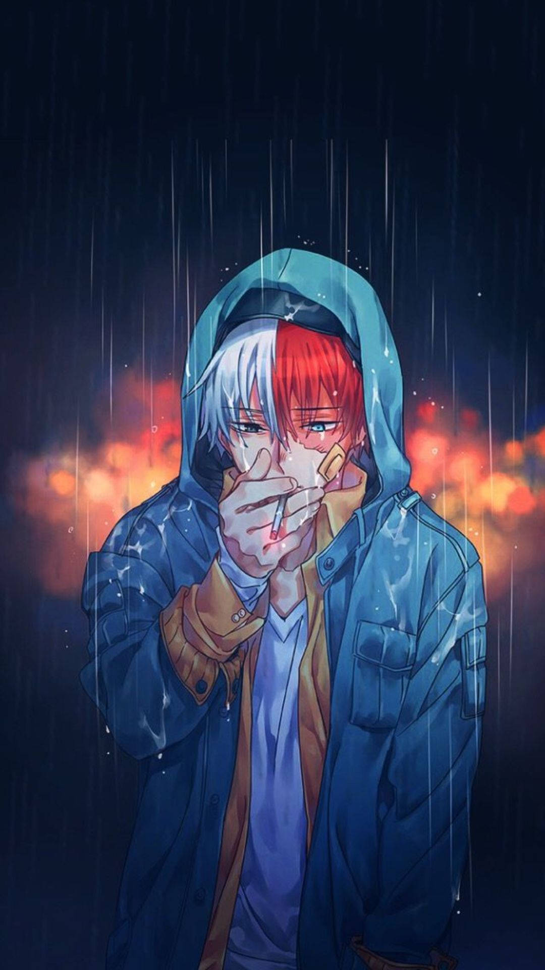 我的英雄學院 桌布 壁紙 — 一個半紅半白頭髮的動漫男孩，穿著藍色連帽外套，在傾盆大雨中抽煙，背景是火紅的橙色天空。