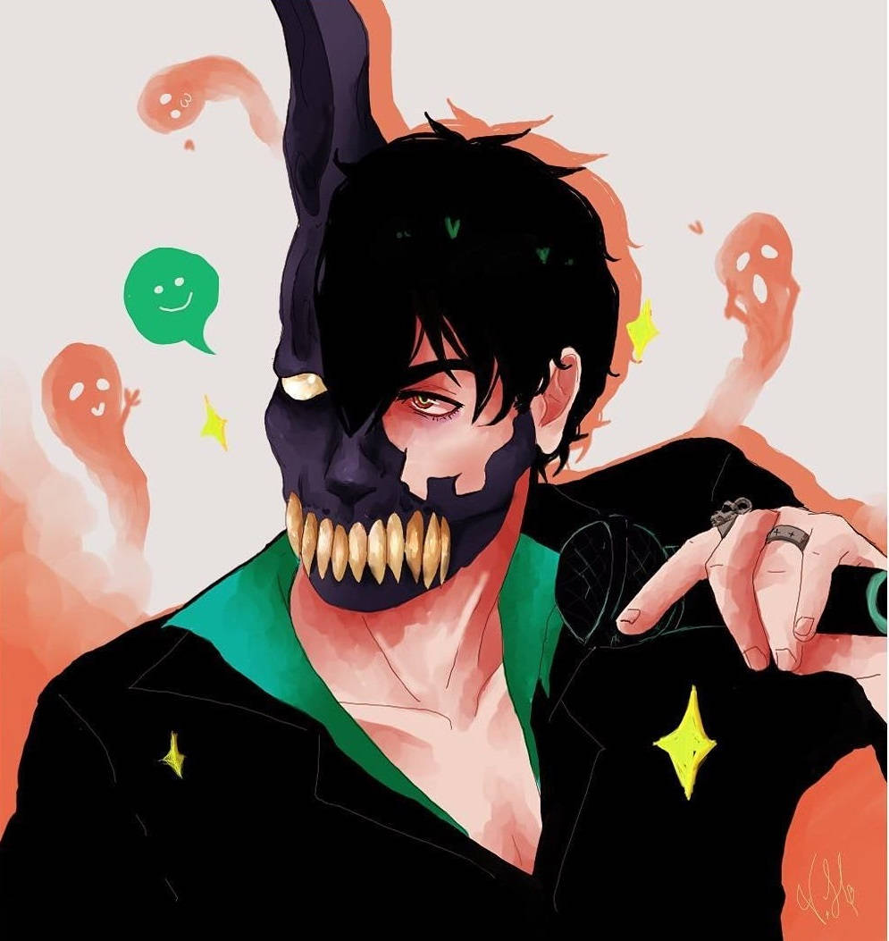 Corpse 桌布 壁紙 — 一個半臉動漫角色，戴著黑色骷髏面具和金牙，手持麥克風，周圍環繞著漂浮的鬼魂和對話氣泡。