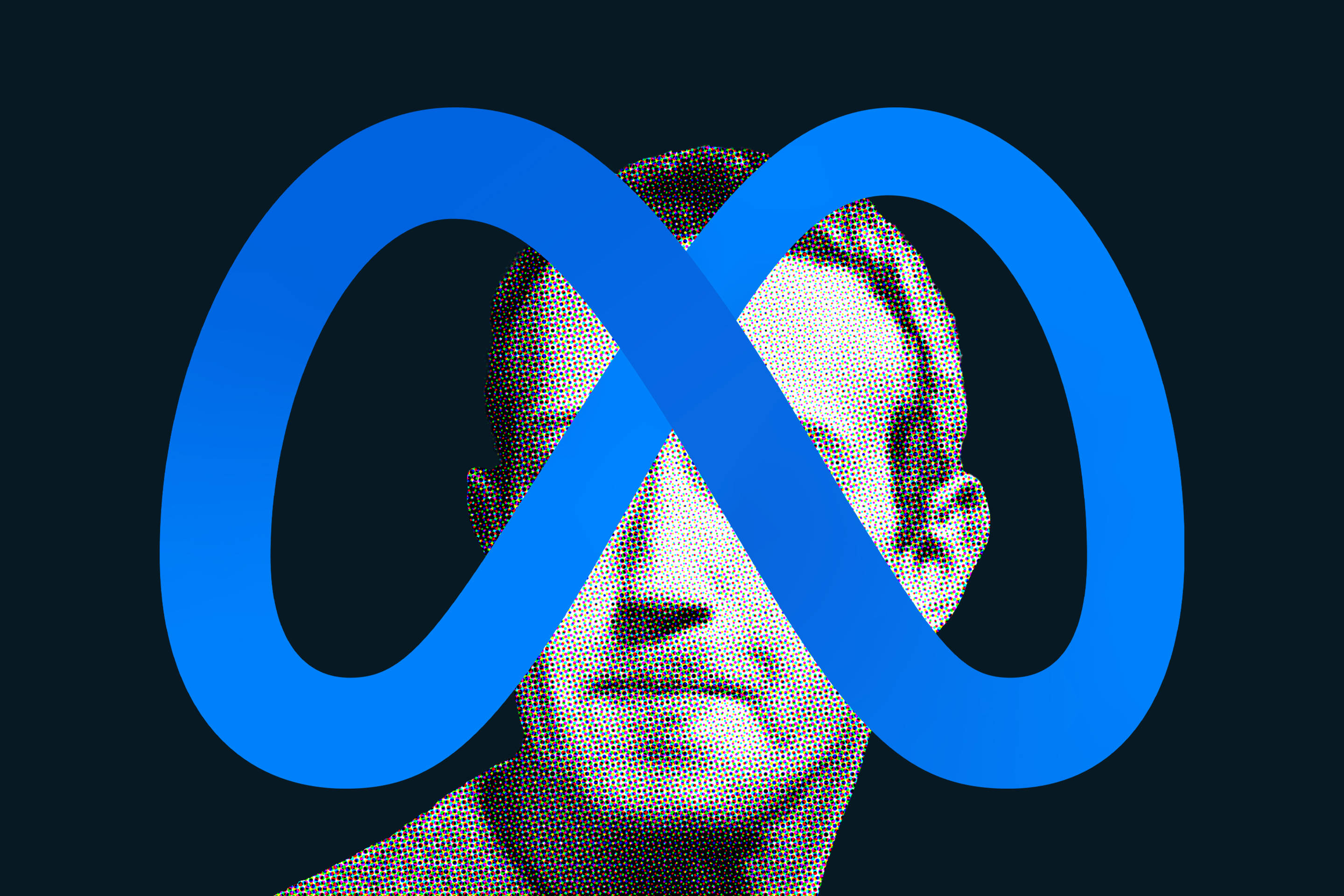Zuckerberg 桌布 壁紙 — 一個半色調肖像，一個男人部分被一個大膽的藍色無限符號遮擋，背景為深色。