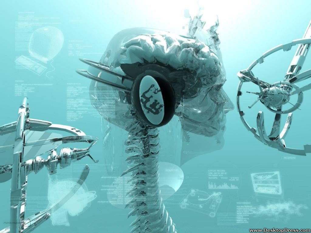 Cyber 桌布 壁紙 — 一個半透明機器人頭部，帶有發光電路和浮動科技圖標，浸沒在青色水中。