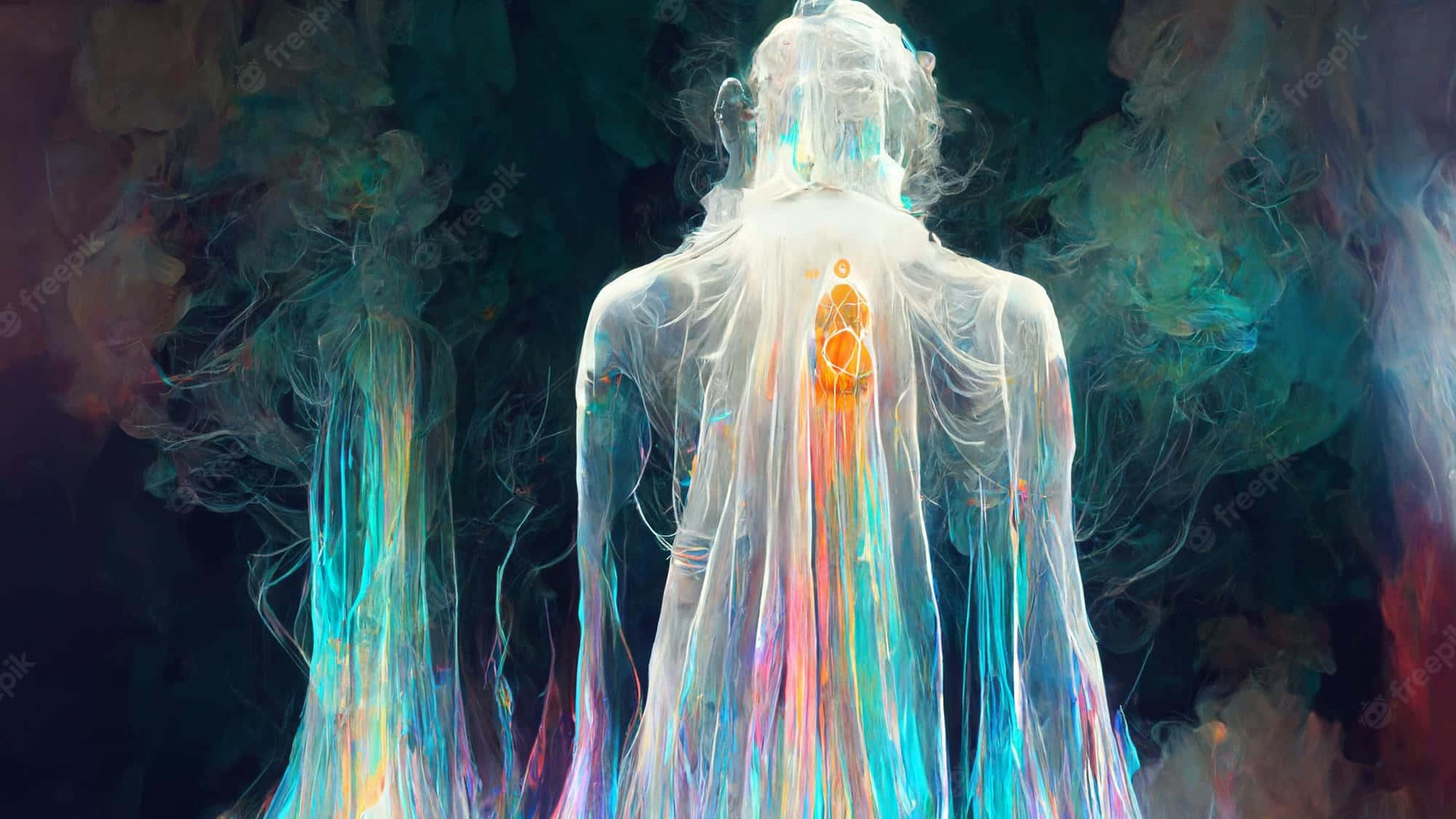 Spiritual Awakening 桌布 壁紙 — 一個半透明的人形，帶有發光的脈輪，在黑暗的宇宙虛空中，背光映照著旋轉的彩色能量觸手。