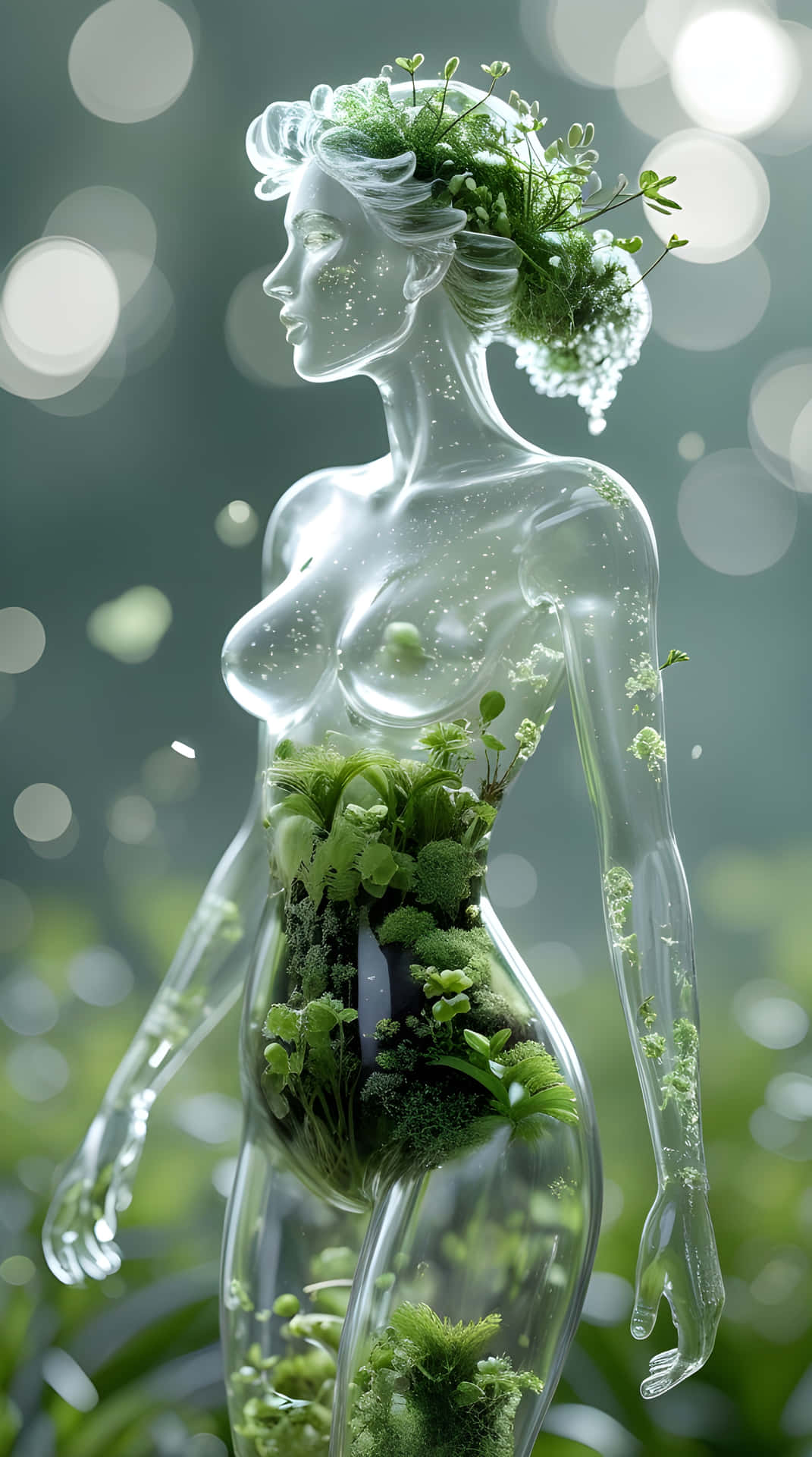 Beautiful transferred glass girls 壁紙 — 一個半透明的女性形象，軀幹和頭髮長出茂盛的綠色植物，背景是柔和散景。