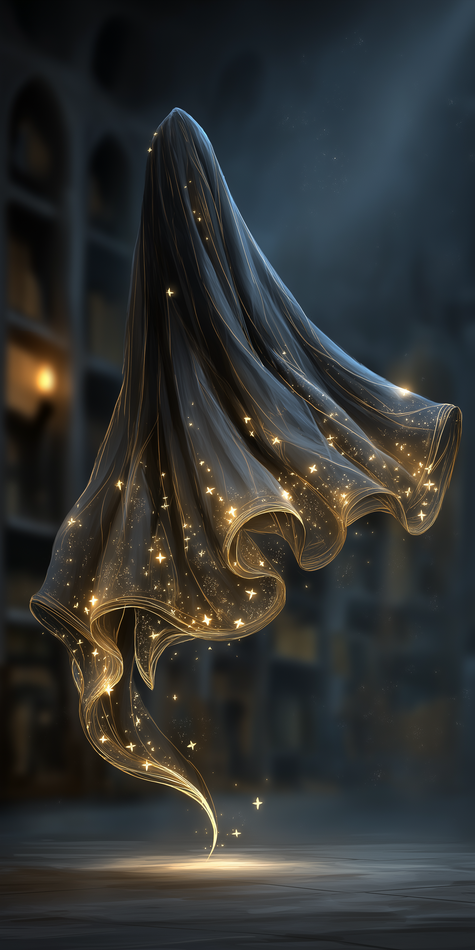 Cloak 桌布 壁紙 — 一個半透明的幽靈般身影，披著閃爍的金色星星，漂浮在霧氣瀰漫的石地板上方，背景是黑暗的哥德式建築。