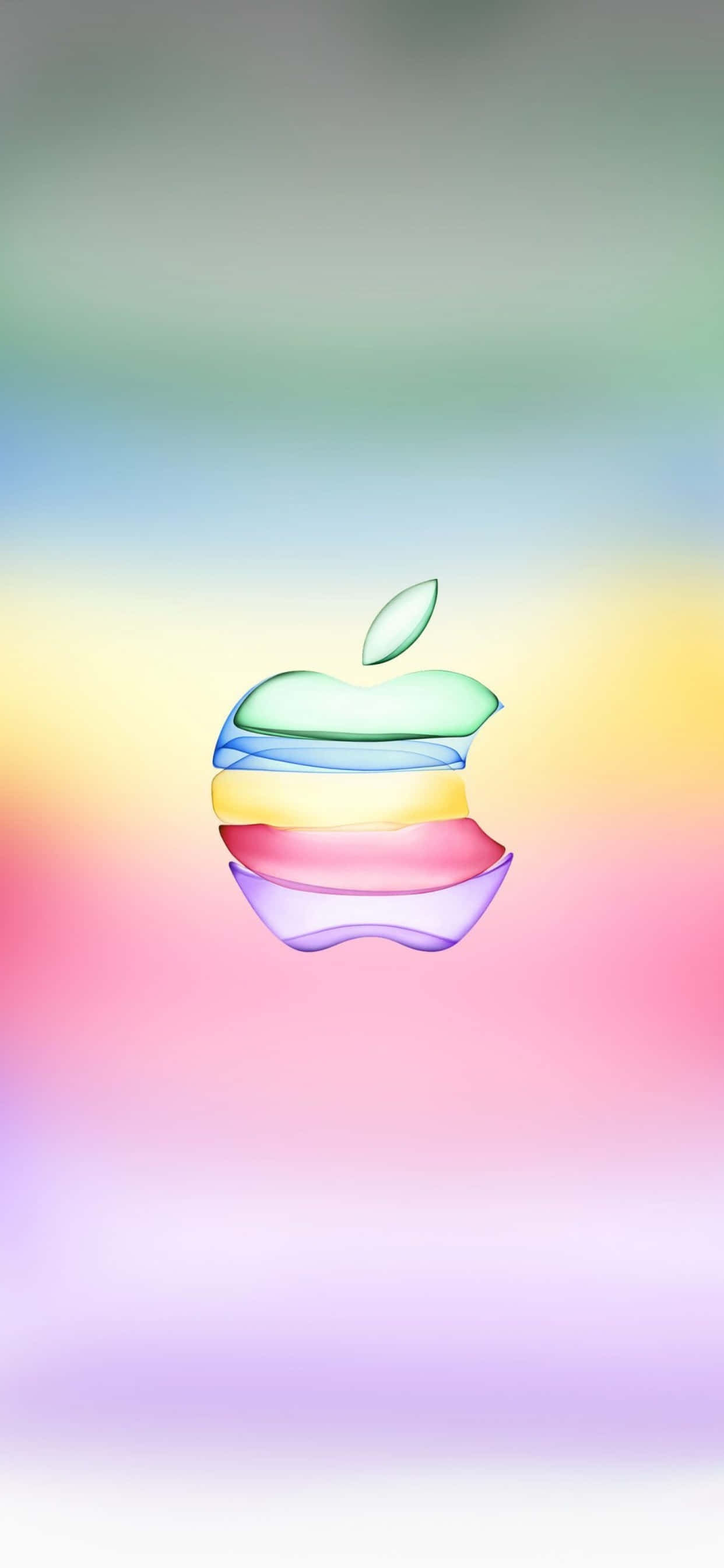 iPhone 11 Pro Max 桌布 壁紙 — 一個半透明的彩虹色Apple標誌漂浮在柔和漸變的粉彩色天空上。