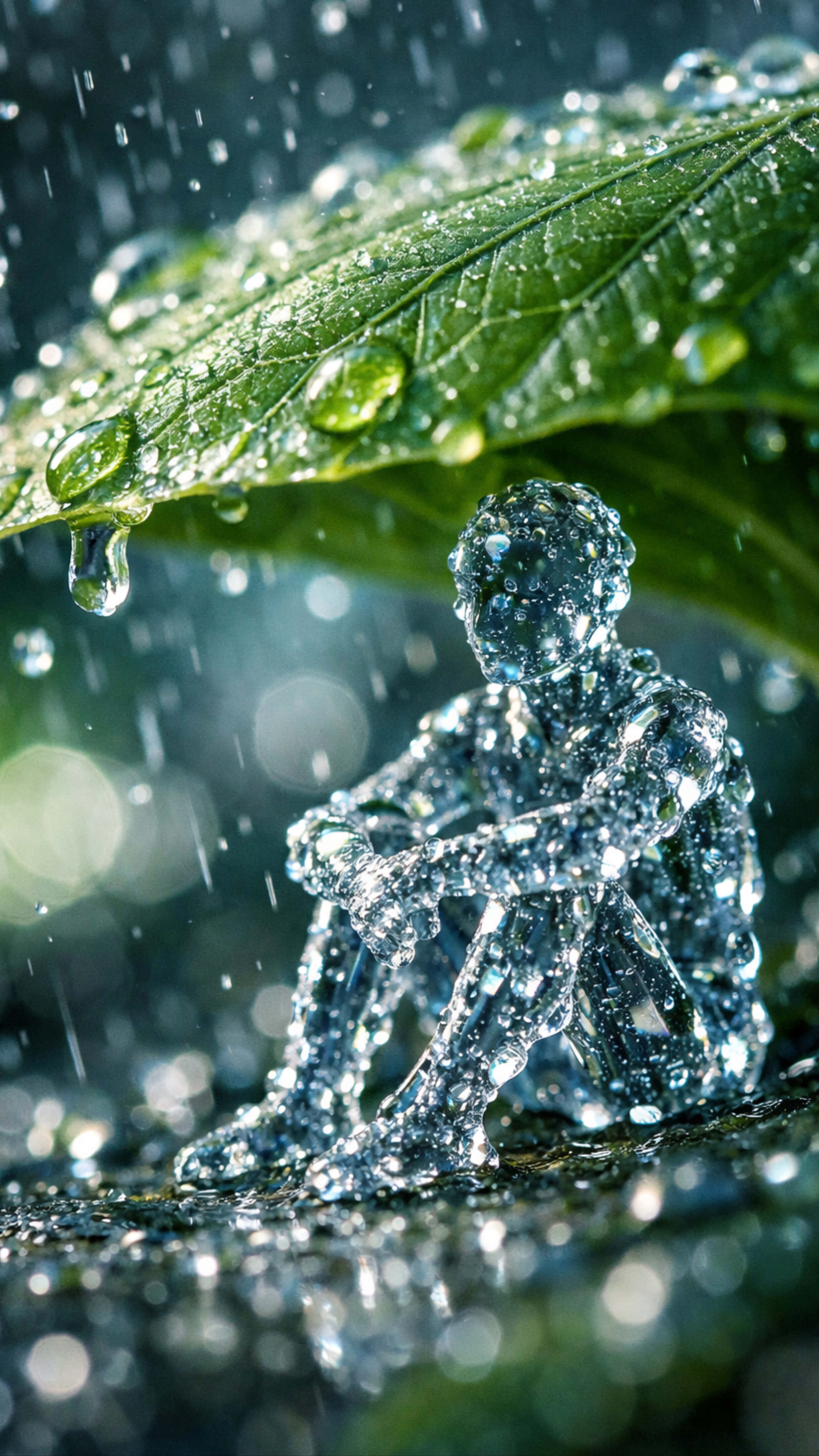水 桌布 壁紙 — 一個半透明的水形成的人物坐在被雨水浸透的綠葉下，水滴在周圍傾瀉而下。
