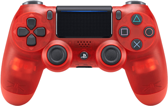 PlayStation 桌布 壁紙 — 一個半透明紅色PlayStation 4控制器，帶有發光的內部燈光和黑色按鈕，背景為白色。