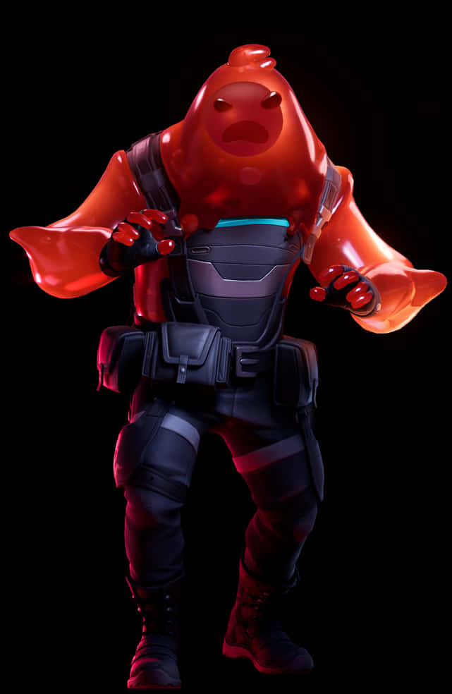 Fortnite Character 桌布 壁紙 — 一個半透明紅色凝膠狀生物穿著未來風格的黑色盔甲，站在帶有發光藍色點綴的黑色背景前。