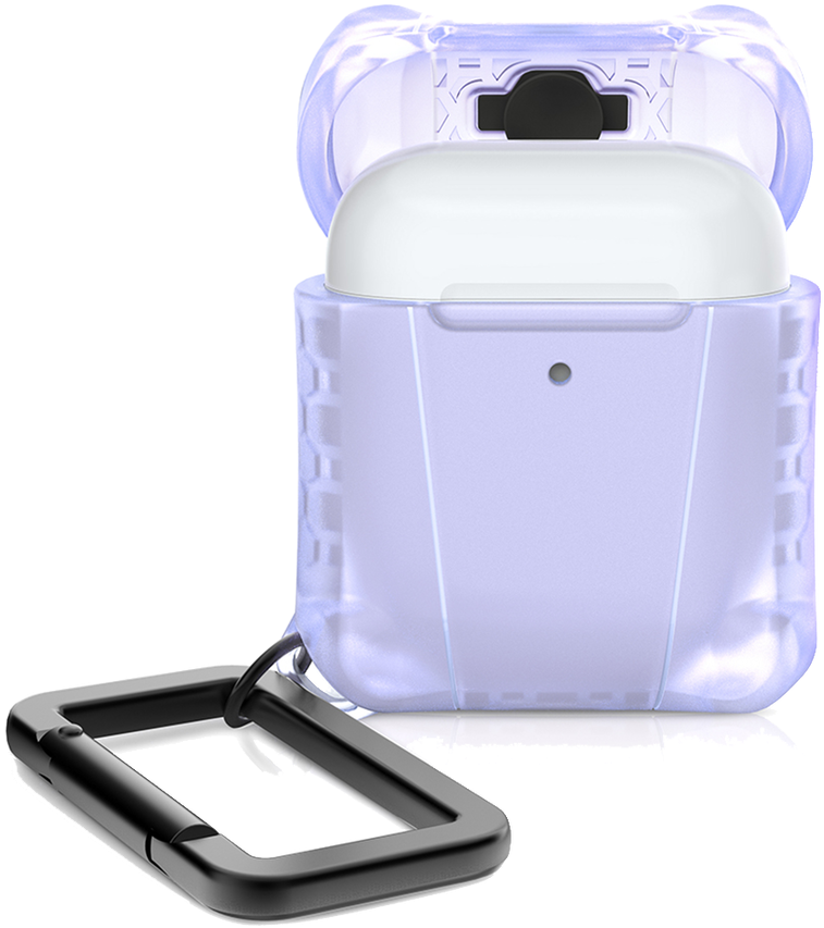 AirPods 桌布 壁紙 — 一個半透明薰衣草色AirPods保護殼，附有黑色登山扣鑰匙圈，置於純白背景上。