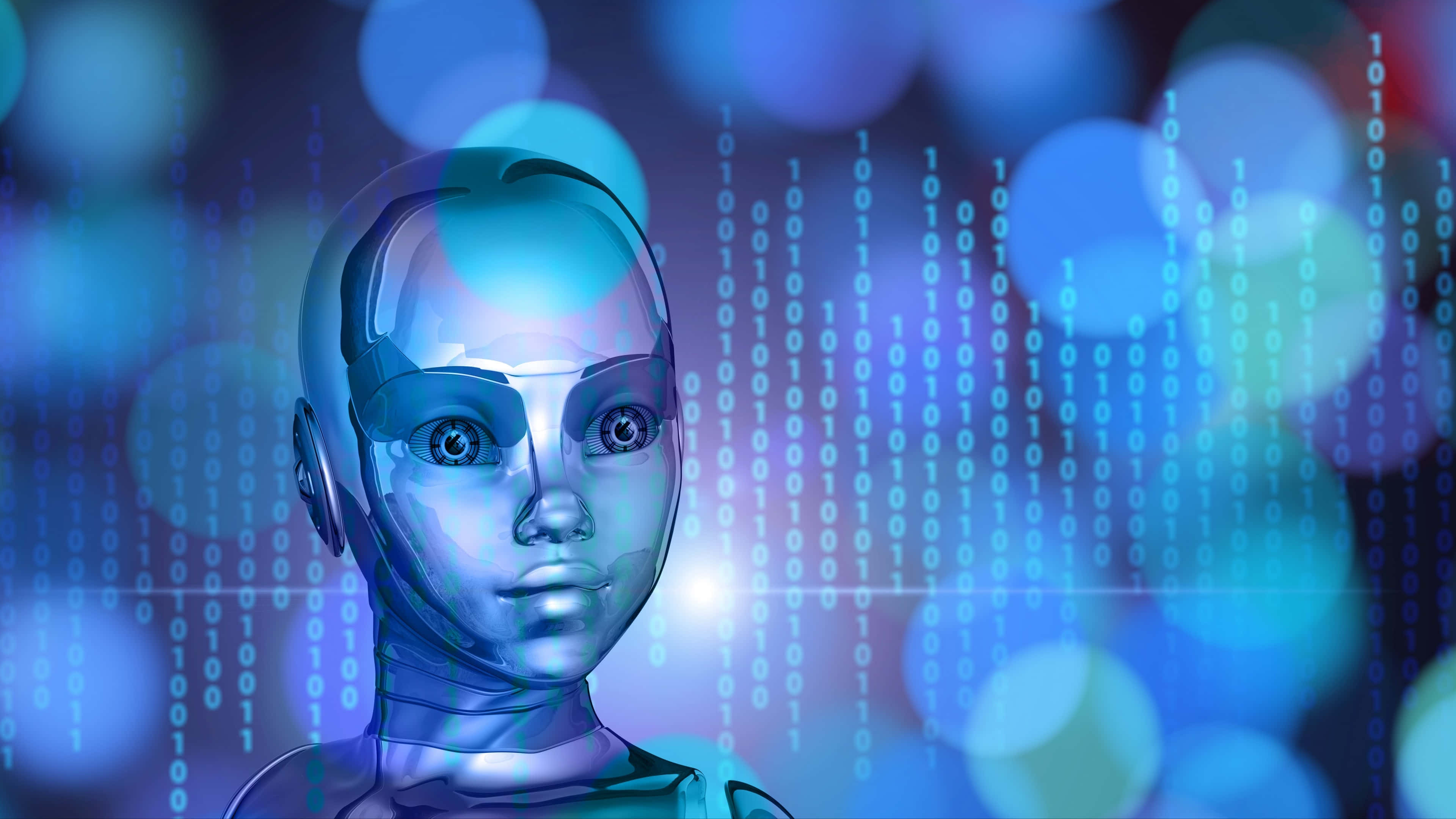 AI 桌布 壁紙 — 一個半透明藍色人形機器人，發光的眼睛直視前方，背景是數位化的二進位代碼和柔和散景燈光。