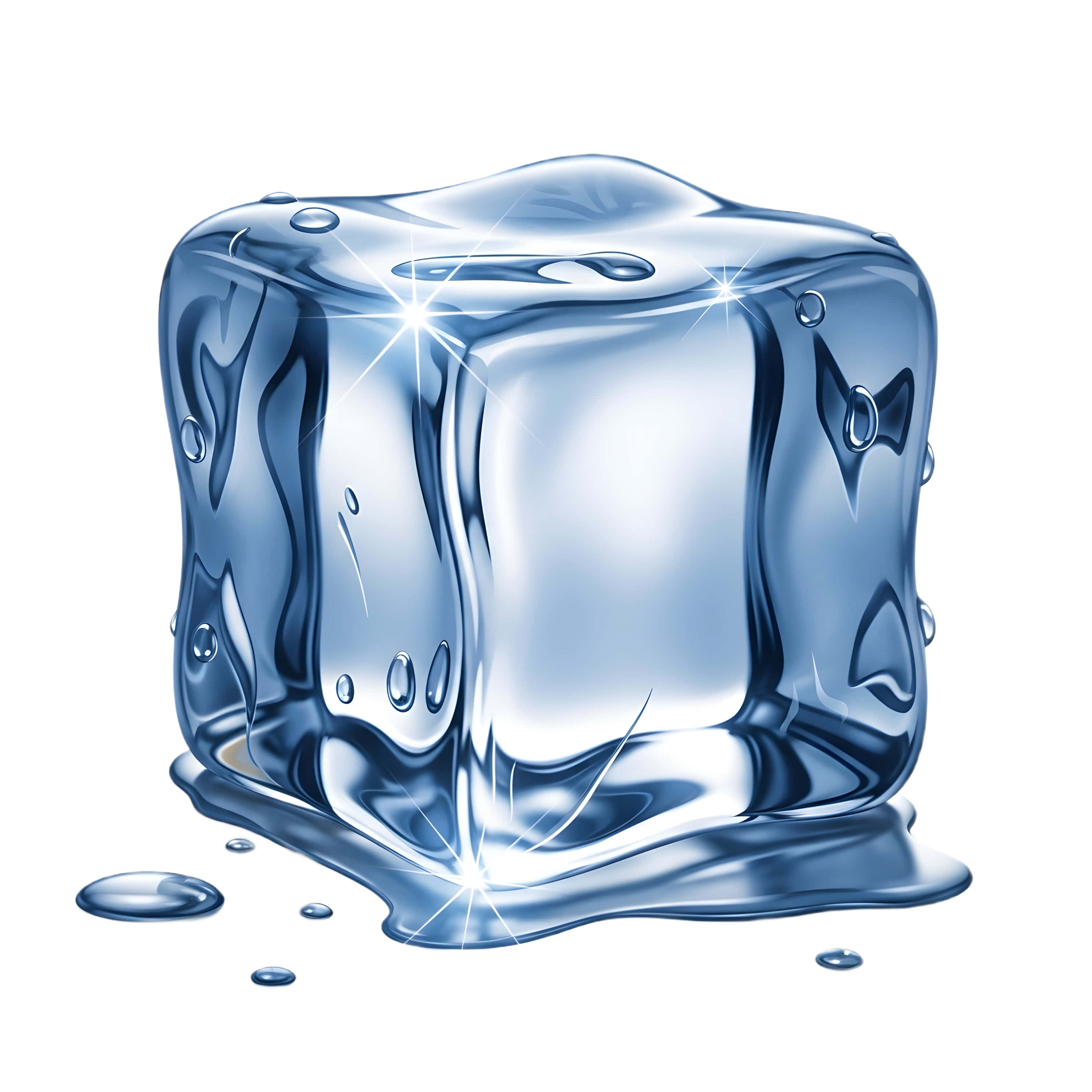 cube 桌布 壁紙 — 一個半透明藍色冰塊，帶有融化水滴和明亮閃光，在白色背景上。
