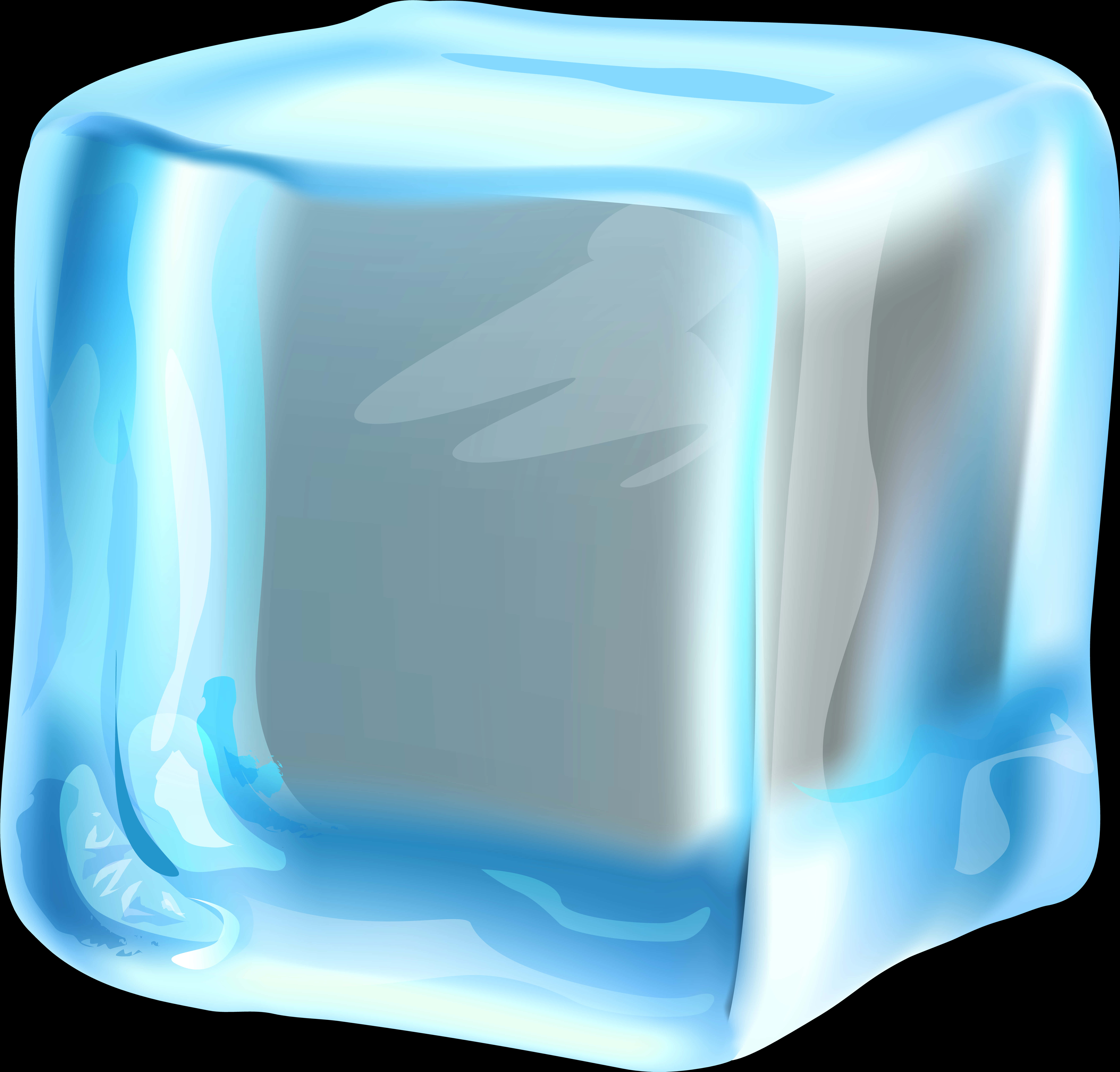 Ice Cubes 桌布 壁紙 — 一個半透明藍色冰塊，邊緣光滑圓潤，內部有微細氣泡，在黑色背景上發光。