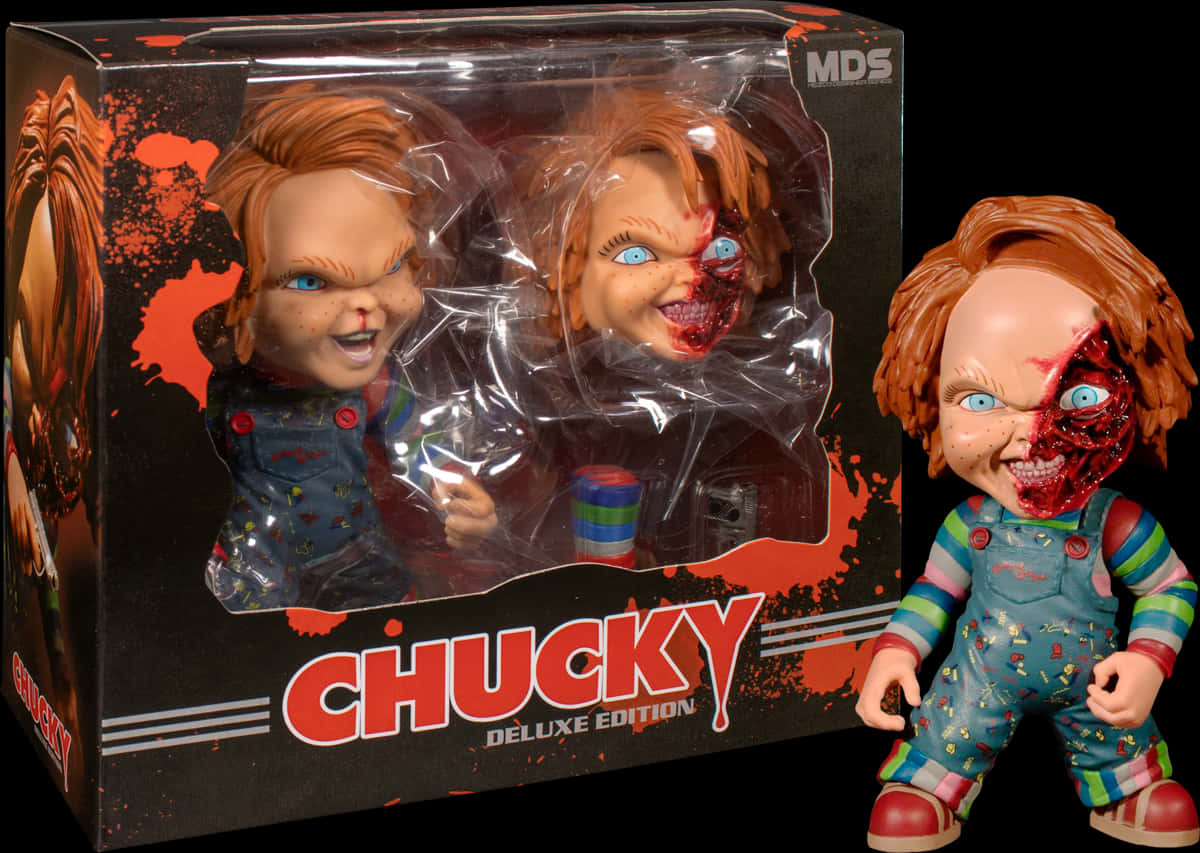 Toy 桌布 壁紙 — 一個半邊臉沾滿血的Chucky人偶站在其豪華版包裝旁，包裝有兩個頭。