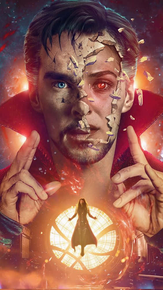Doctor Strange 2 桌布 壁紙 — 一個半邊臉碎裂的男人露出一隻紅眼，同時手持一個發光的傳送門，裡面漂浮著一個女人。