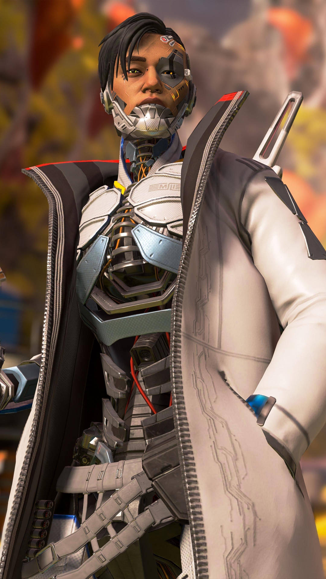 半邊臉裝甲、露出機械內部的賽博格戰士。 — Apex 英雄 GIF 壁紙
