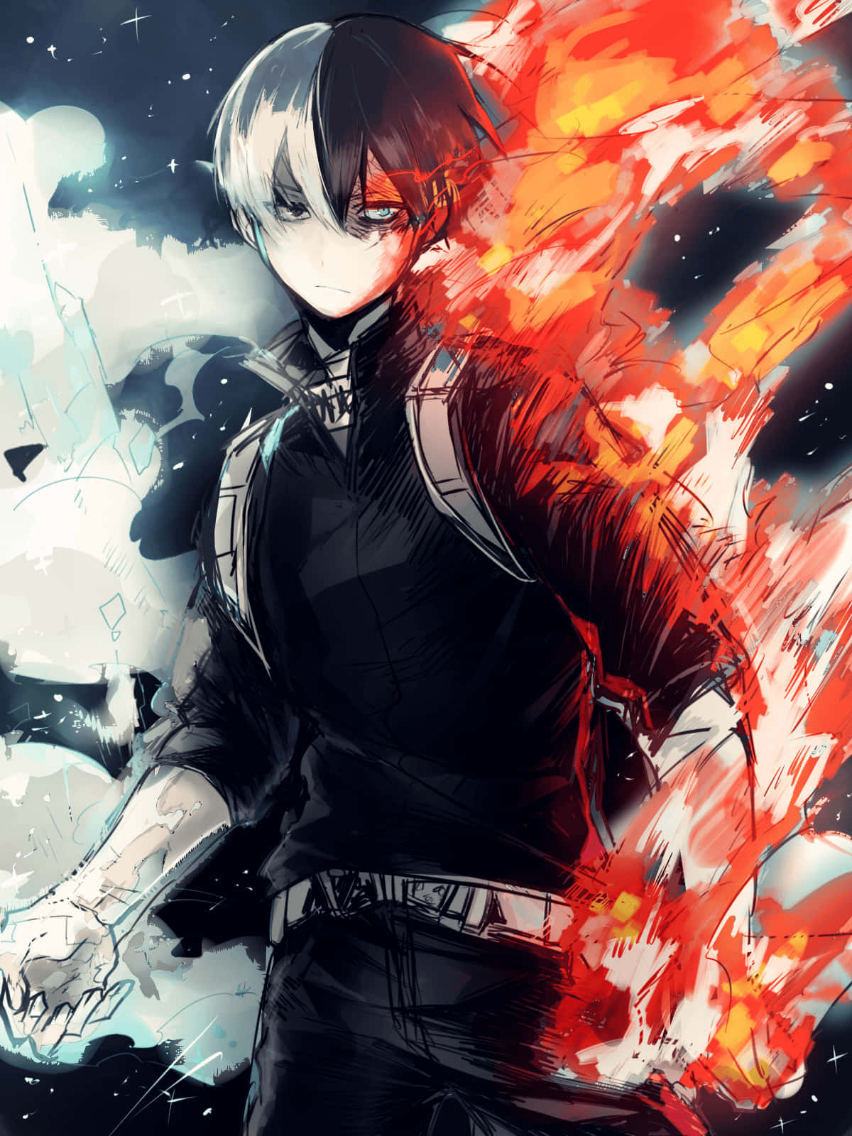 Todoroki Black 桌布 壁紙 — 一個半黑半白頭髮的動漫角色，站在火紅和冰藍能量爆發之中，背景是星空黑暗。