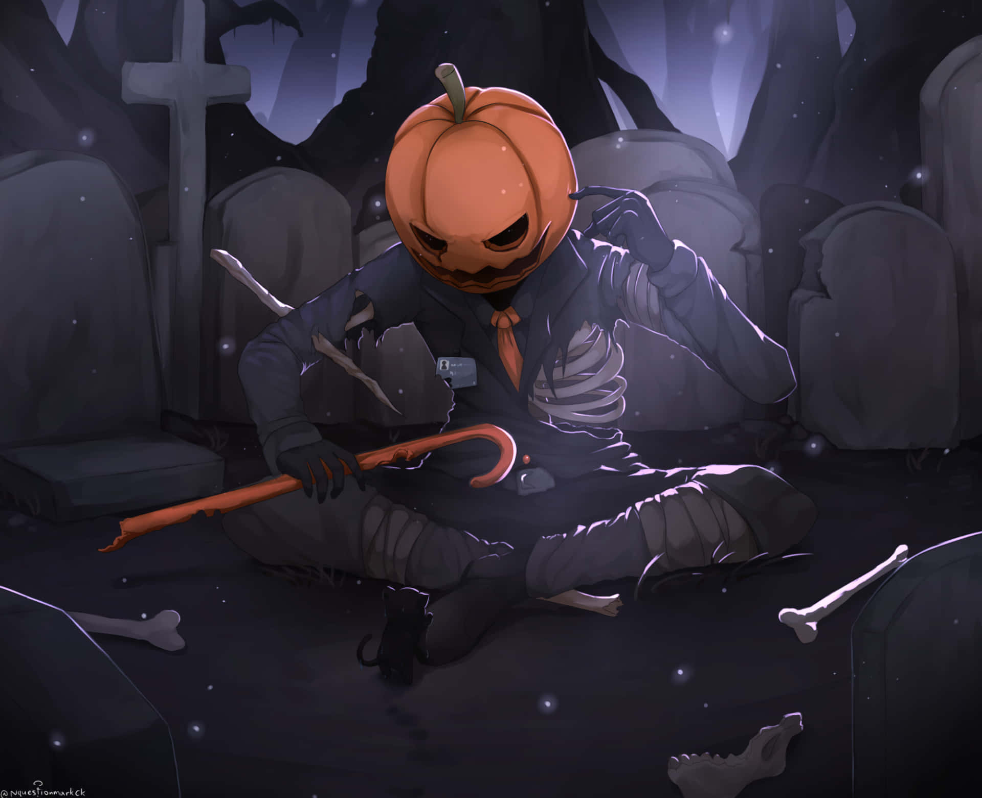Halloween Profile 桌布 壁紙 — 一個南瓜頭人物穿著破爛西裝，在月光下的墓地莊嚴地坐著，手持拐杖，周圍散落著骨頭。