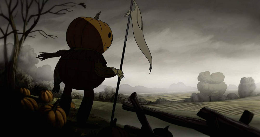 over the garden wall 桌布 壁紙 — 一個南瓜頭稻草人莊嚴地站在霧氣瀰漫的田野中，在陰沉天空下舉著一面破爛的旗幟。