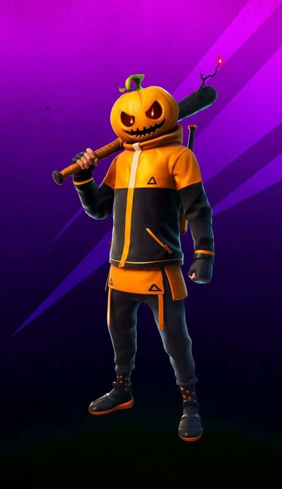 Dope Fortnite 桌布 壁紙 — 一個南瓜頭角色穿著橙色和黑色連帽衫，手持棒球棍，背景是充滿活力的紫色漸變。